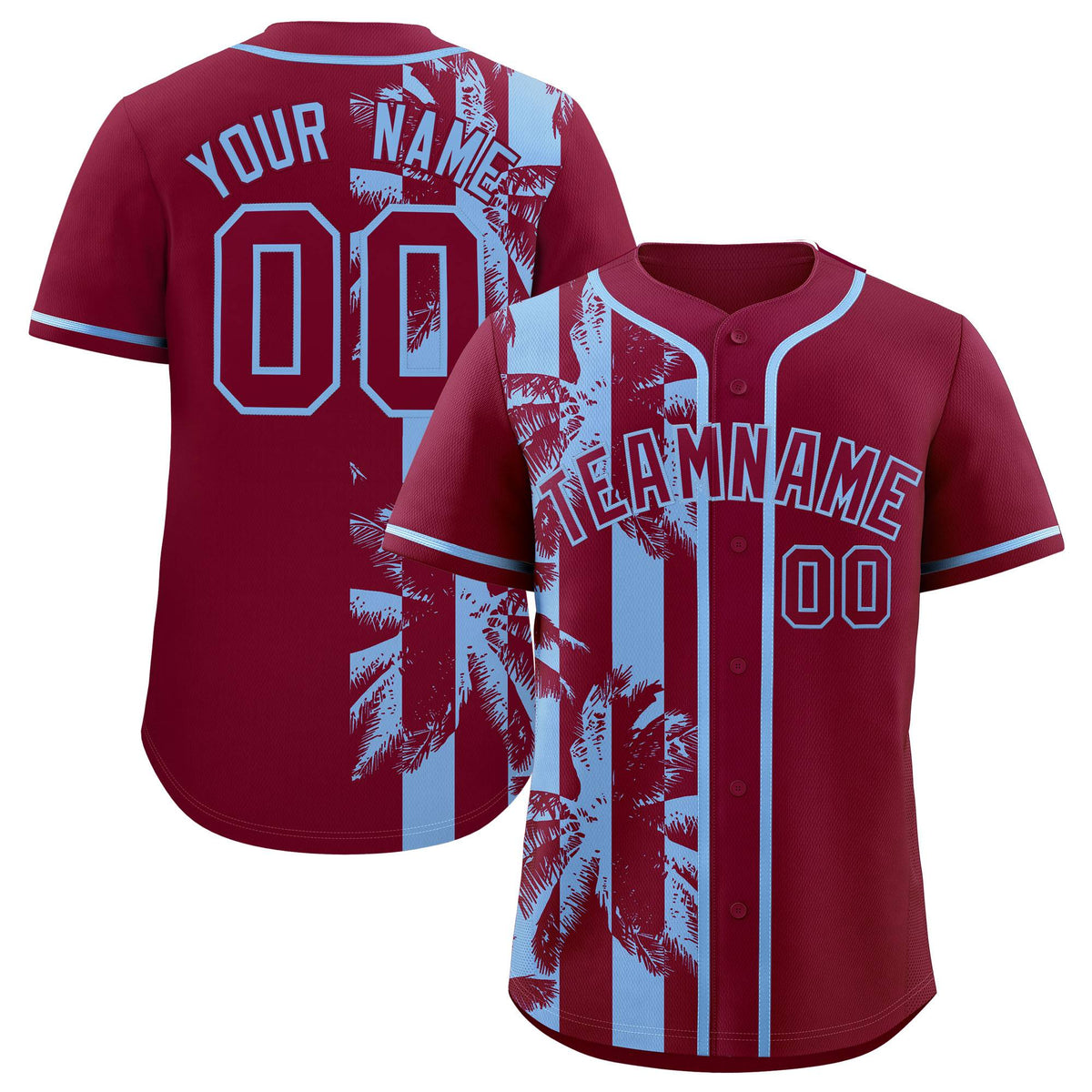 Custom Crimson Powder Blue Split Fashion Coconut Tree Design Authentic Baseball Jersey| KXKSHOP