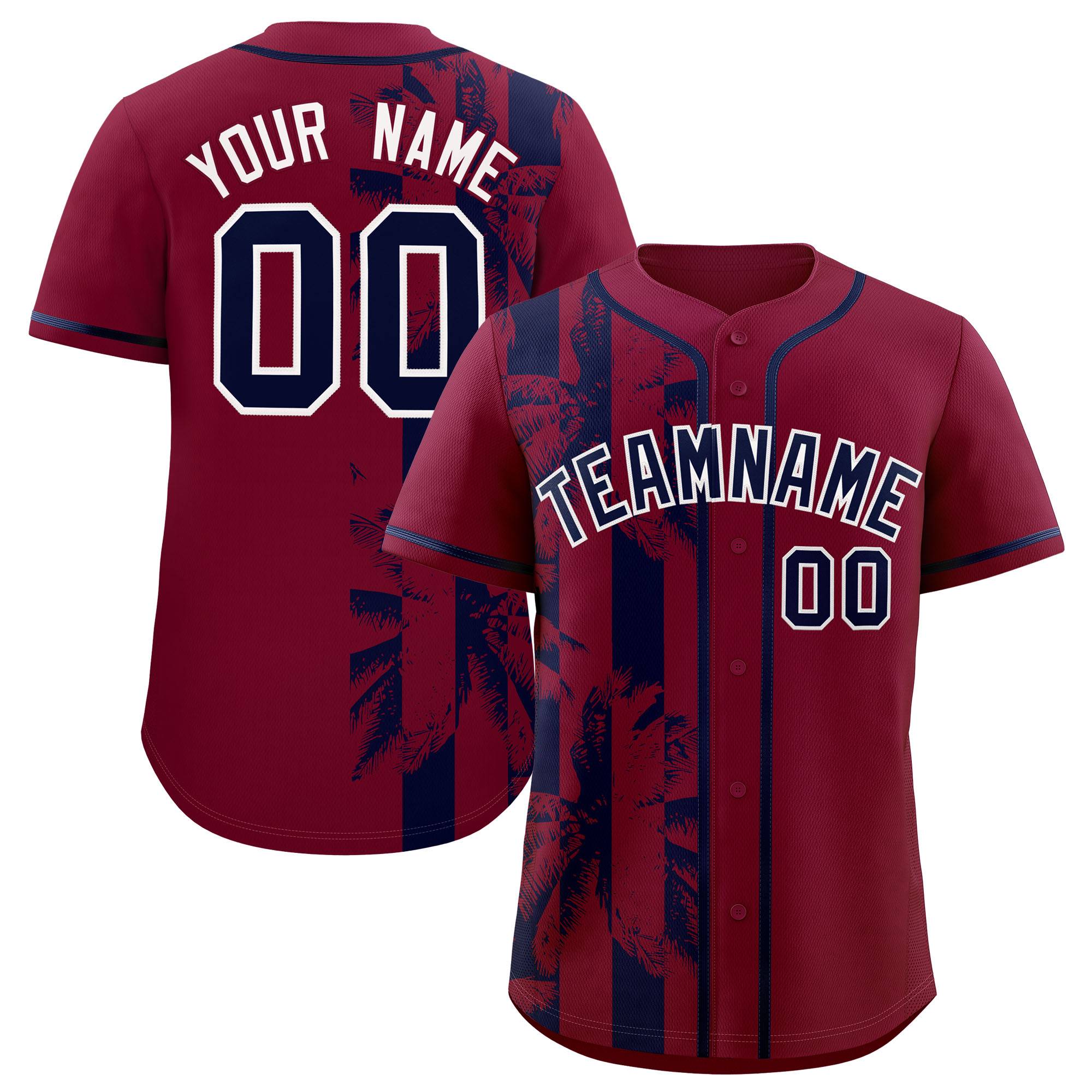 Custom Crimson Navy Split Fashion Coconut Tree Design Authentic Baseball Jersey| KXKSHOP