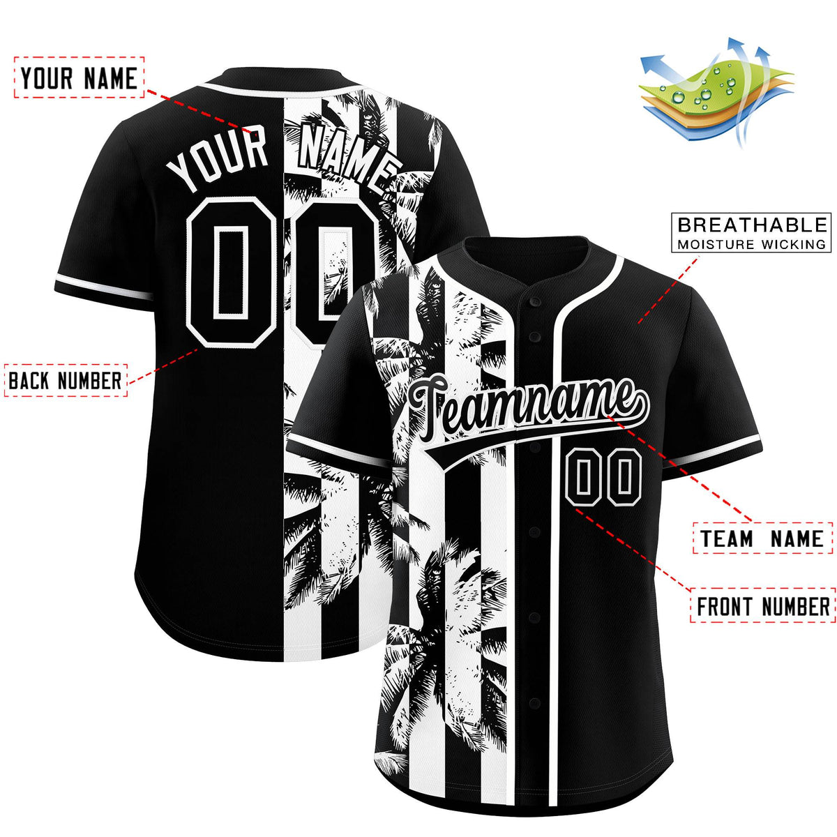 Custom Black White Split Fashion Coconut Tree Design Authentic Baseball Jersey| KXKSHOP