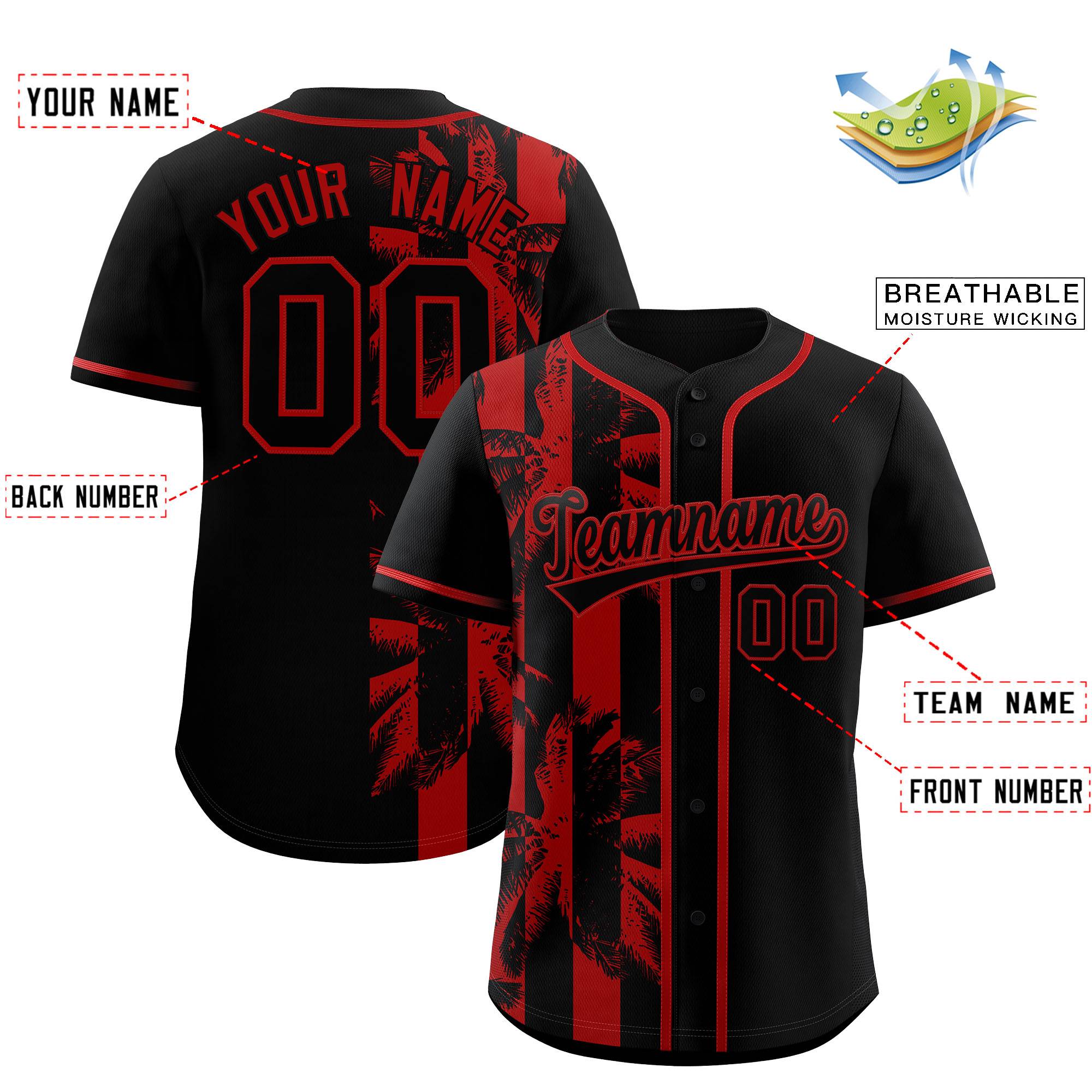 Custom Black Red Split Fashion Coconut Tree Design Authentic Baseball Jersey| KXKSHOP