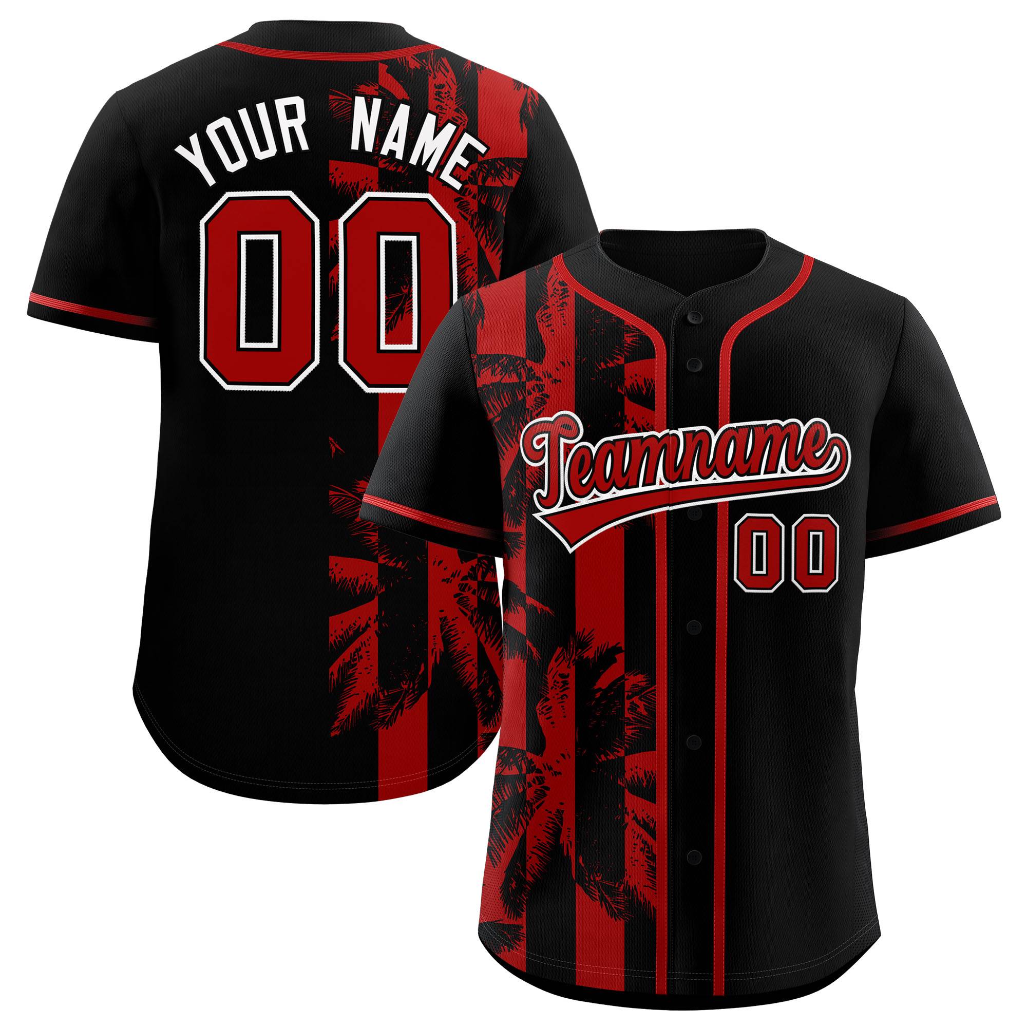Custom Black Red Split Fashion Coconut Tree Design Authentic Baseball Jersey| KXKSHOP