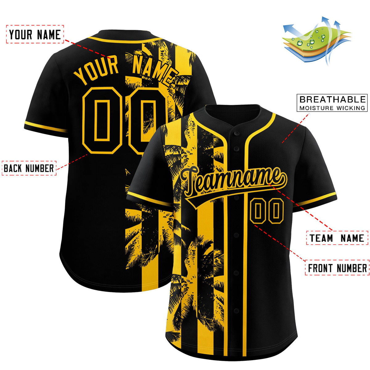 Custom Black Yellow Split Fashion Coconut Tree Design Authentic Baseball Jersey| KXKSHOP