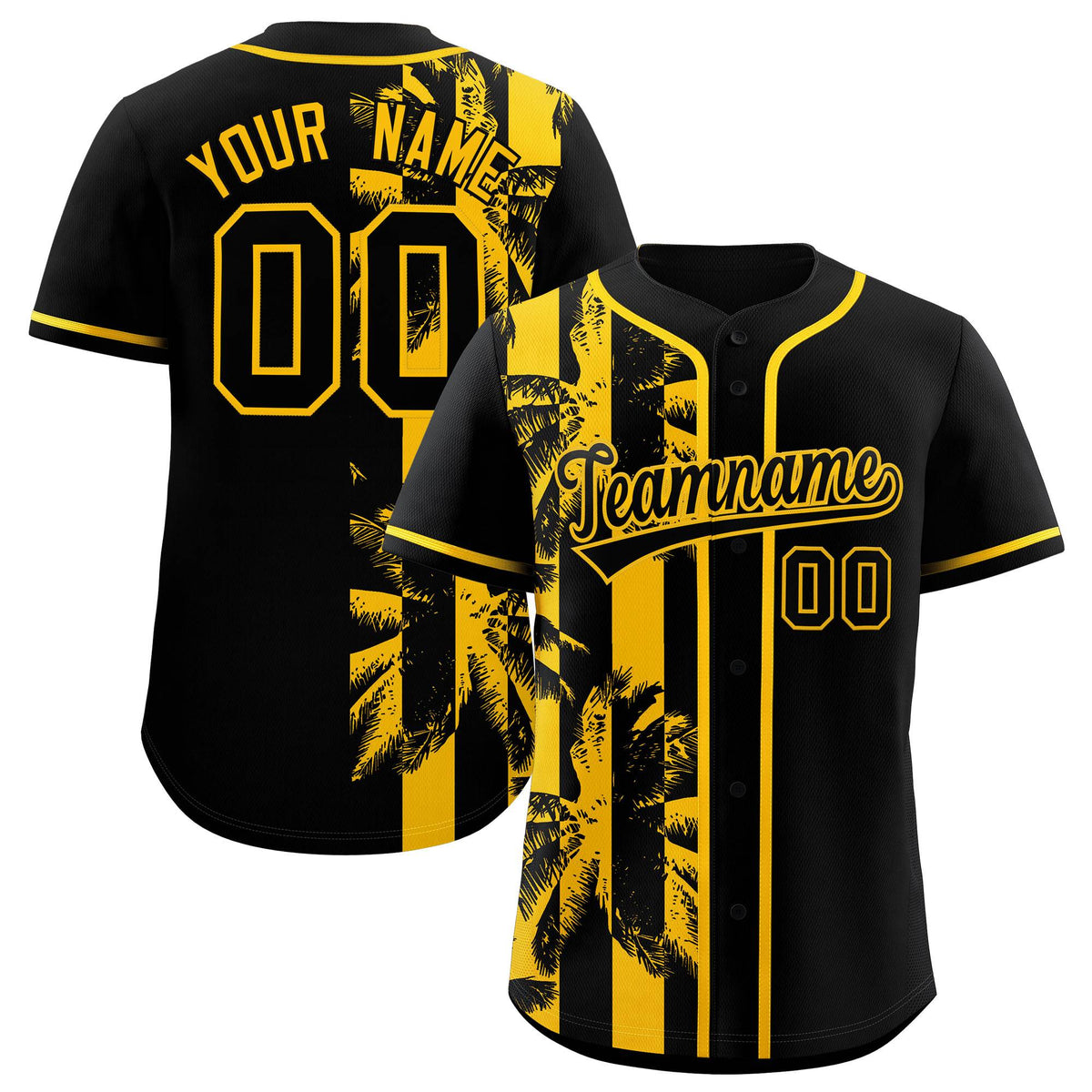 Custom Black Yellow Split Fashion Coconut Tree Design Authentic Baseball Jersey| KXKSHOP