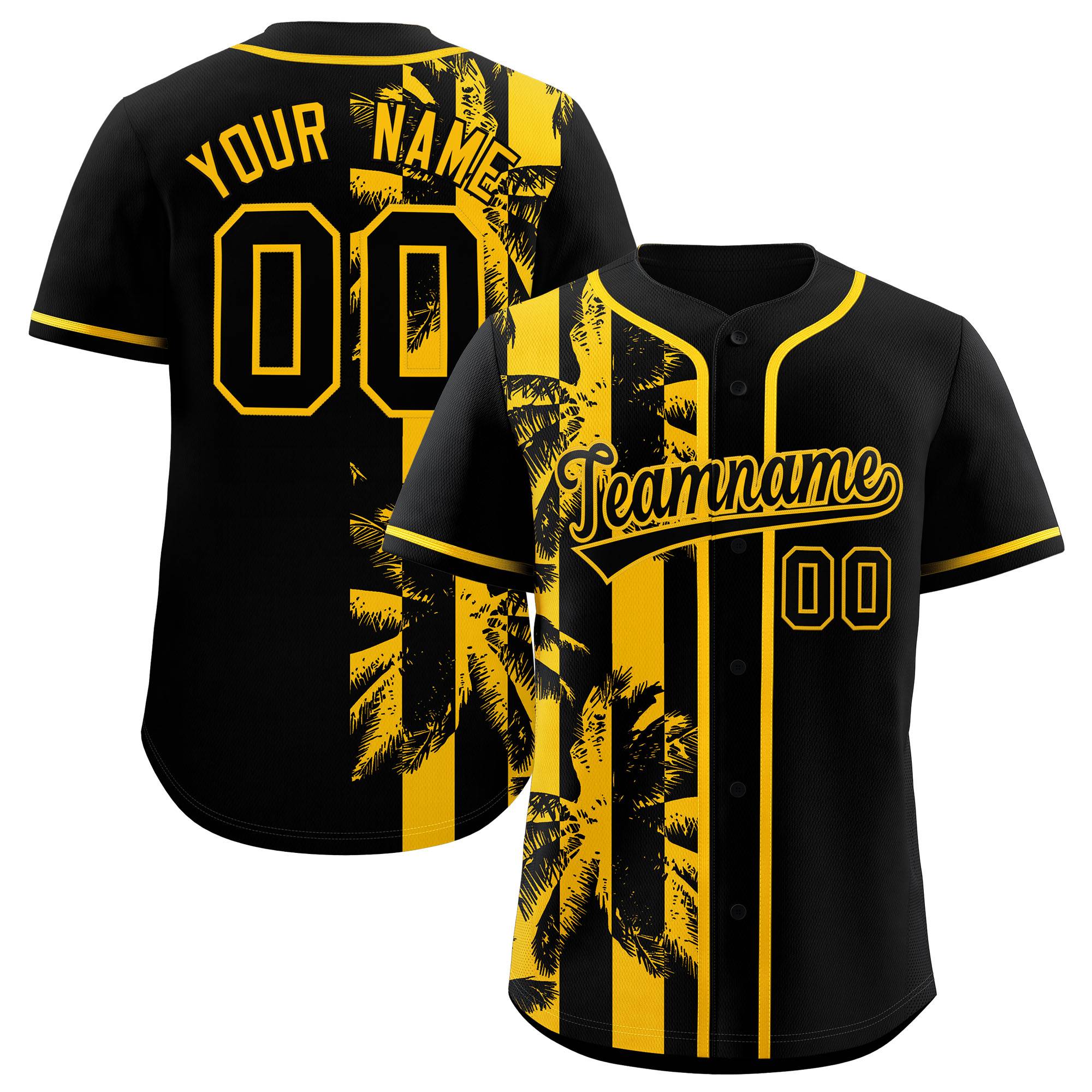 Custom Black Yellow Split Fashion Coconut Tree Design Authentic Baseball Jersey| KXKSHOP