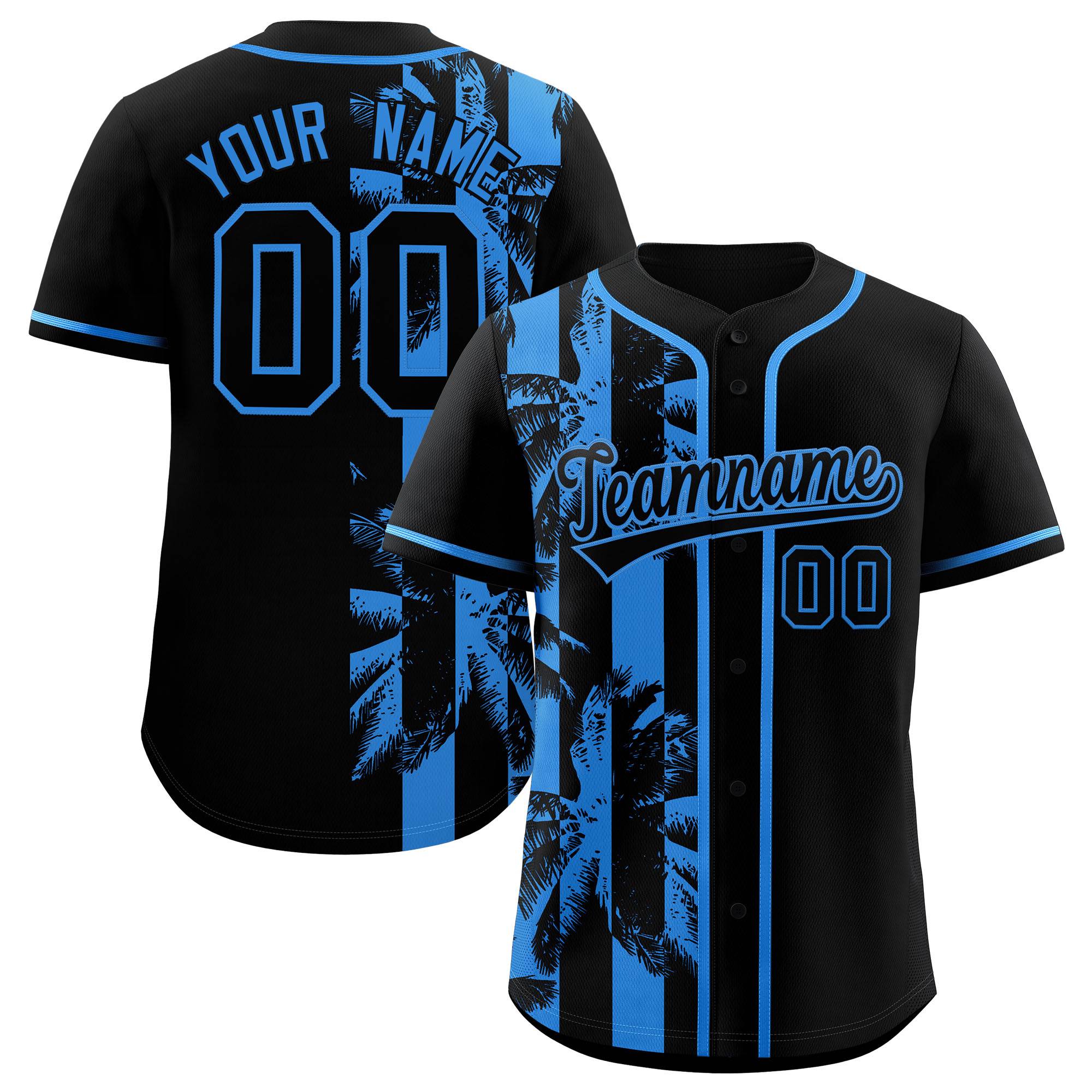 Custom Black Powder Blue Split Fashion Coconut Tree Design Authentic Baseball Jersey| KXKSHOP