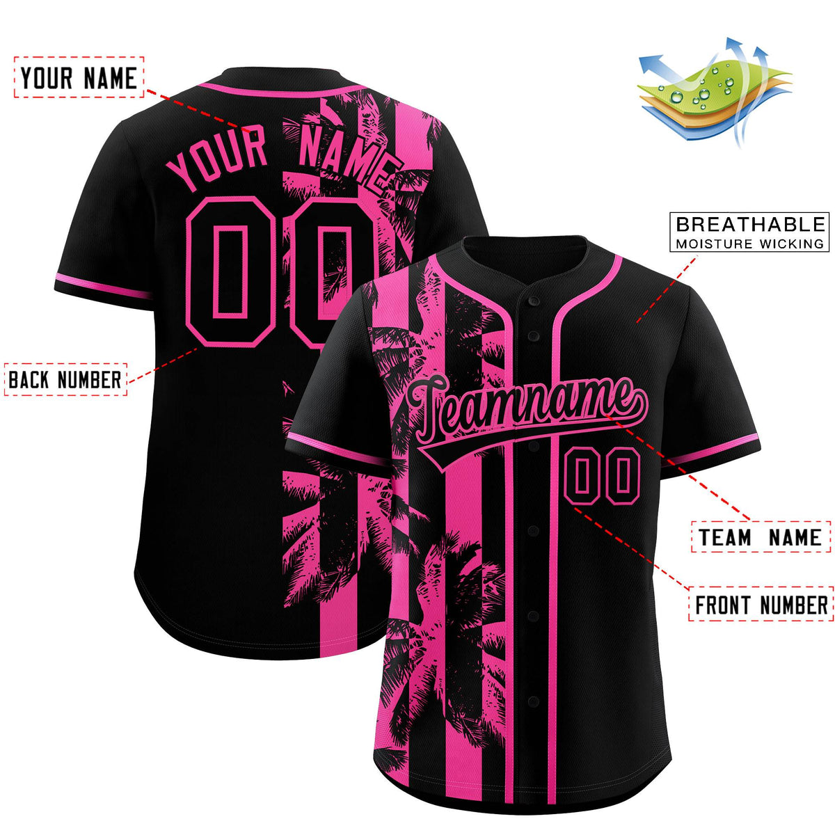 Custom Black Pink Split Fashion Coconut Tree Design Authentic Baseball Jersey| KXKSHOP