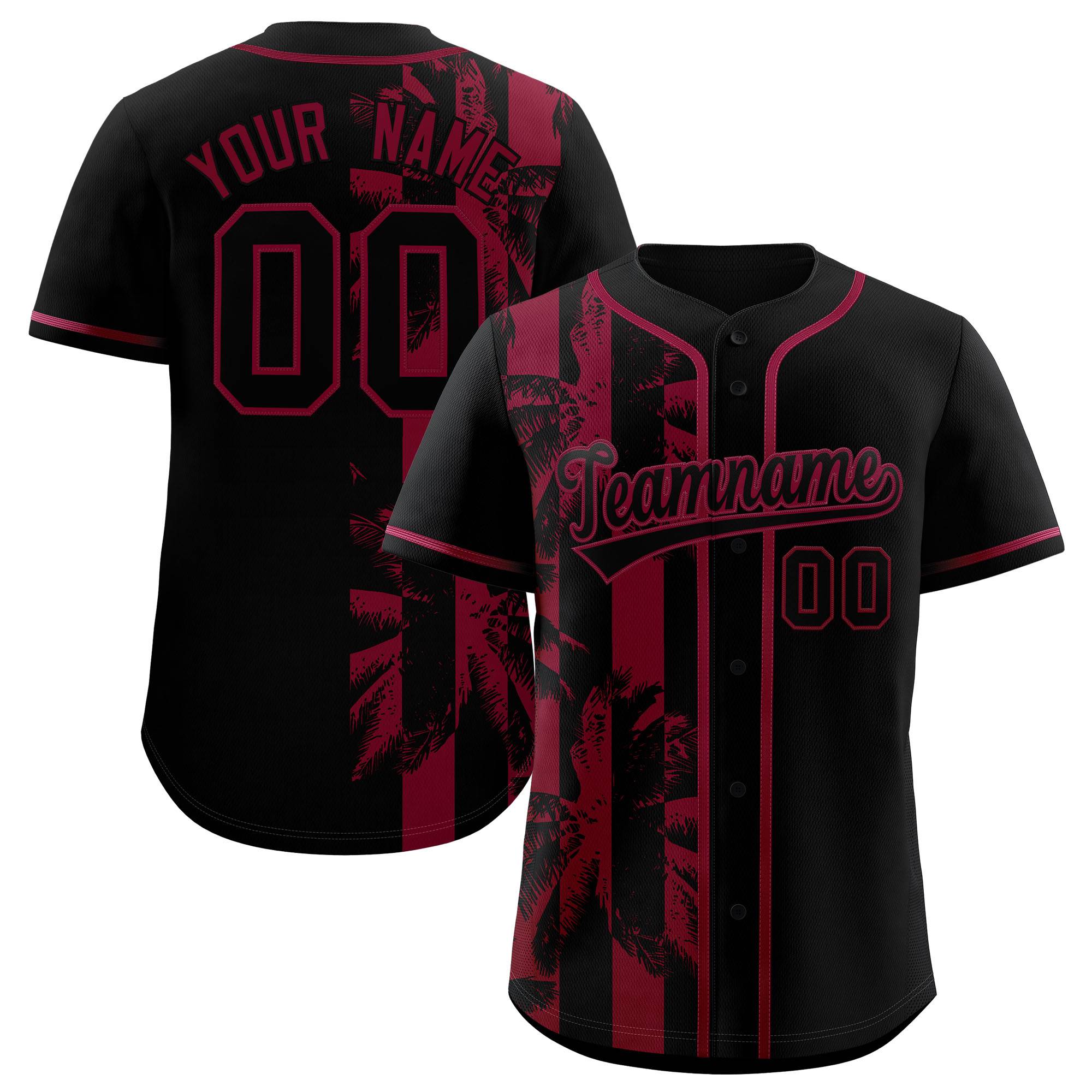 Custom Black Crimson Split Fashion Coconut Tree Design Authentic Baseball Jersey| KXKSHOP