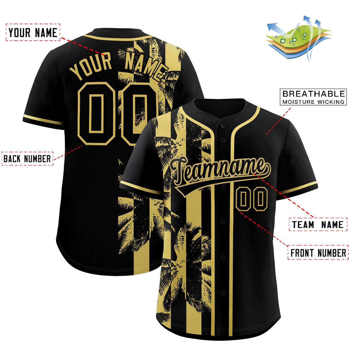 Custom Black Old Gold Split Fashion Coconut Tree Design Authentic Baseball Jersey| KXKSHOP