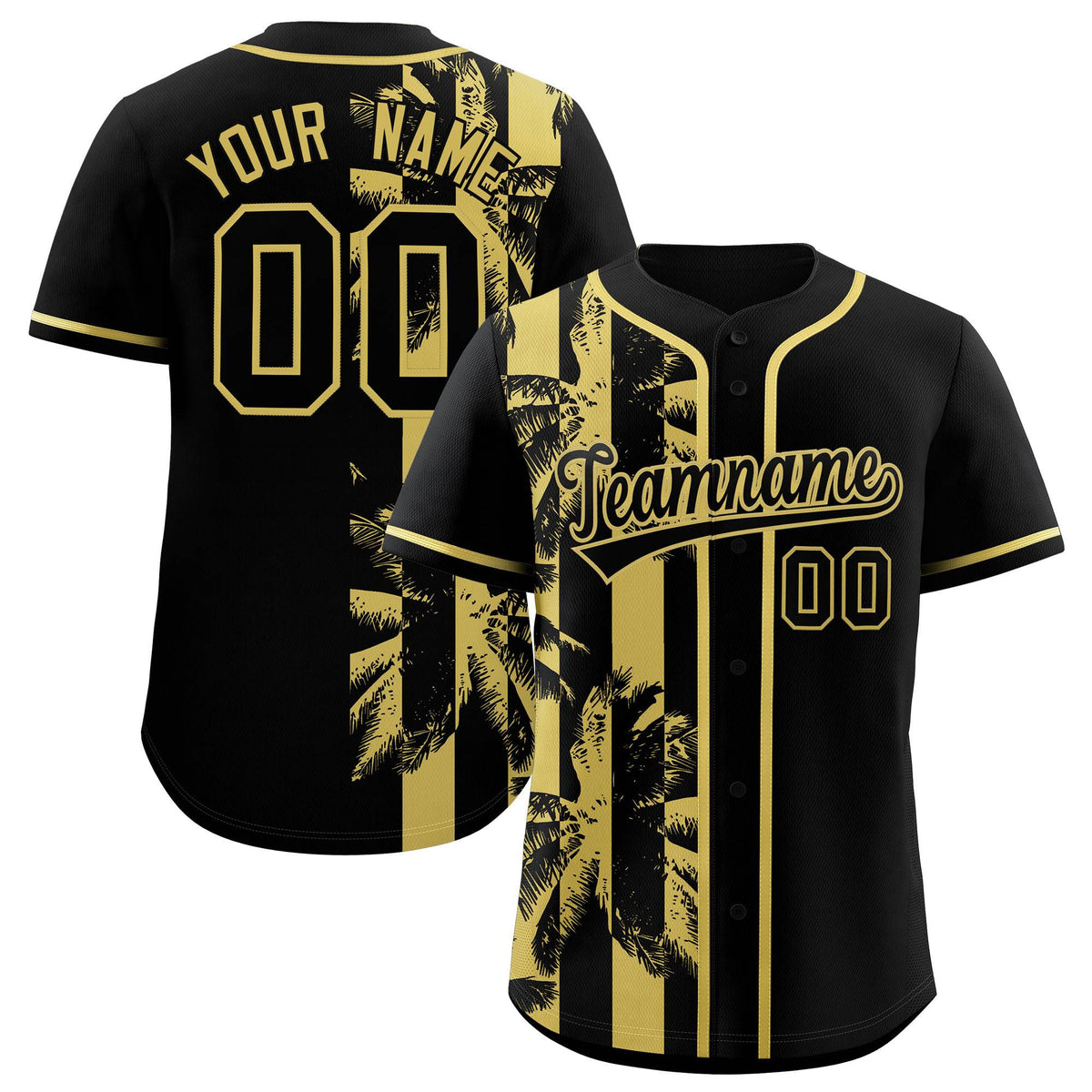 Custom Black Old Gold Split Fashion Coconut Tree Design Authentic Baseball Jersey| KXKSHOP