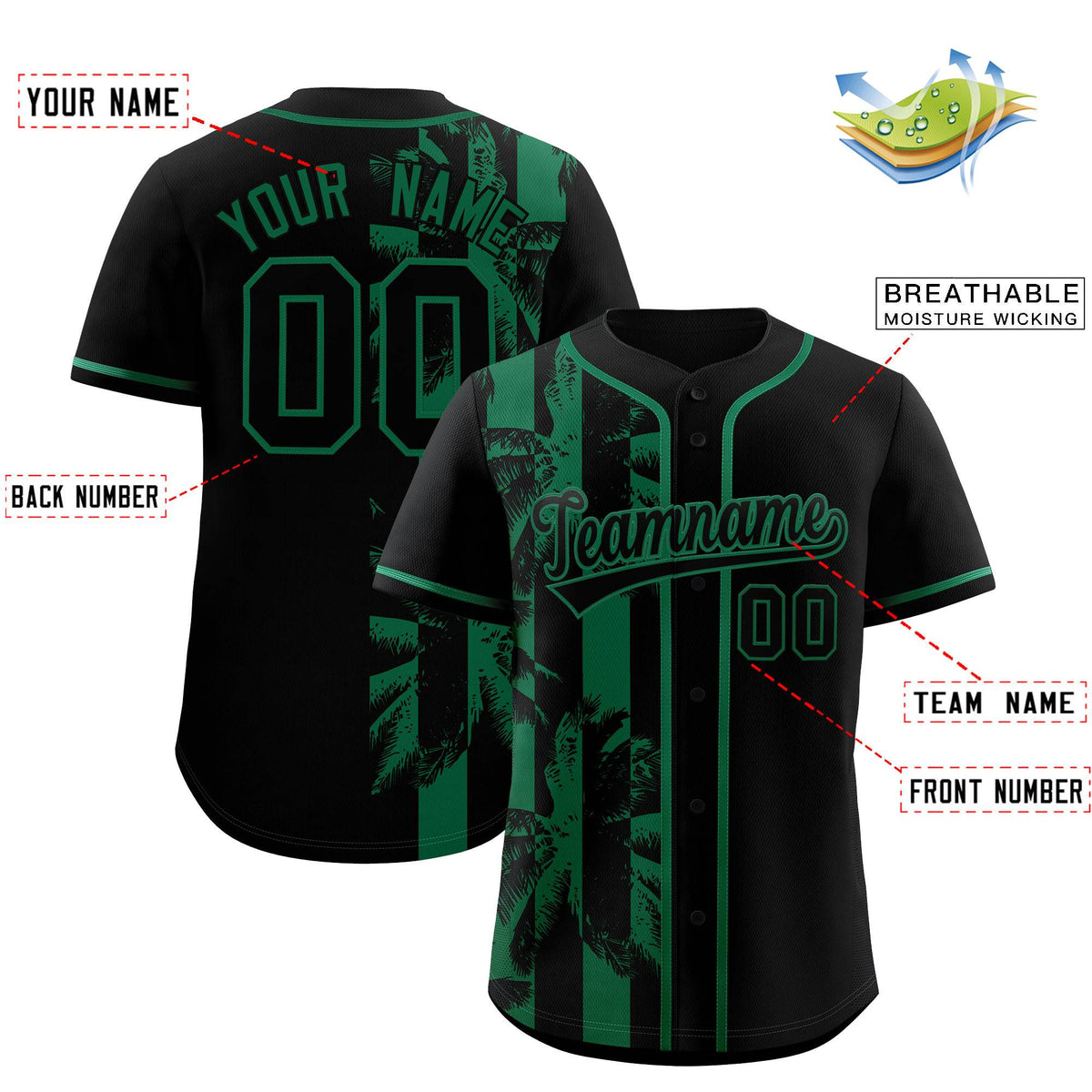 Custom Black Kelly Green Split Fashion Coconut Tree Design Authentic Baseball Jersey| KXKSHOP