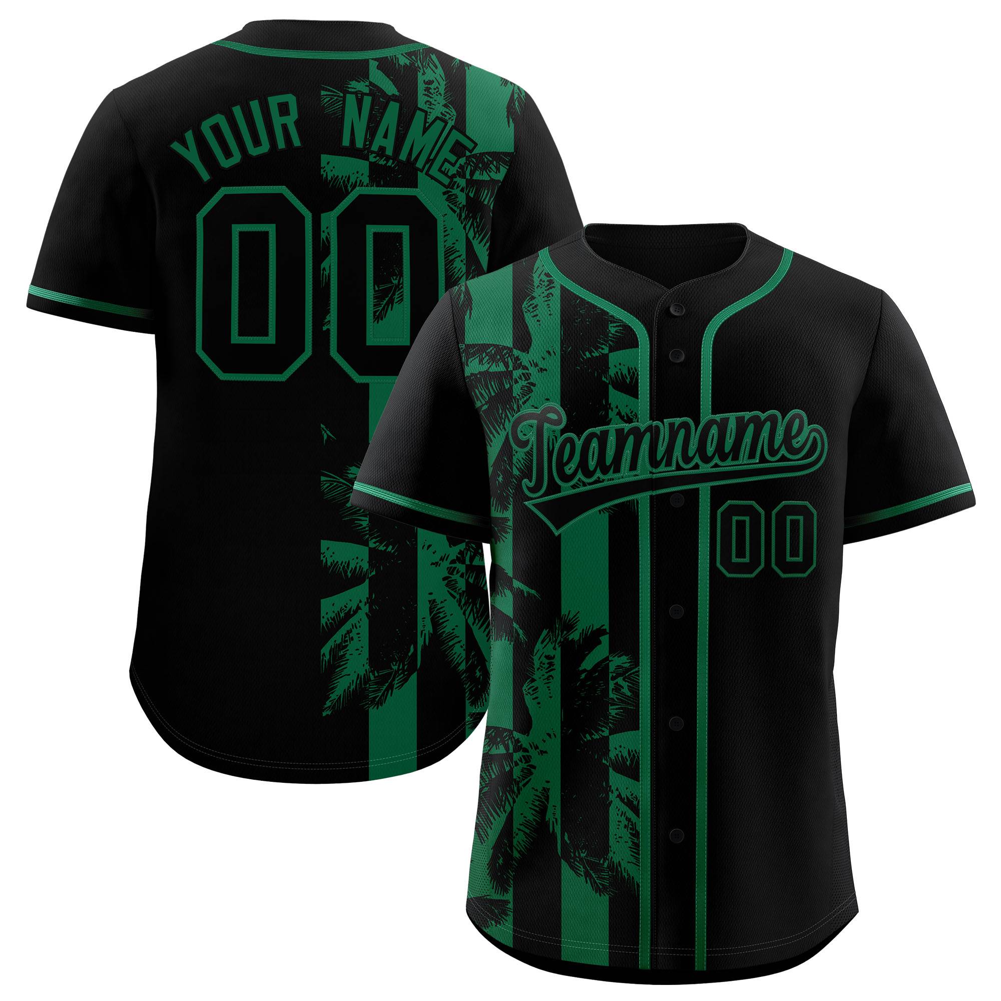 Custom Black Kelly Green Split Fashion Coconut Tree Design Authentic Baseball Jersey| KXKSHOP