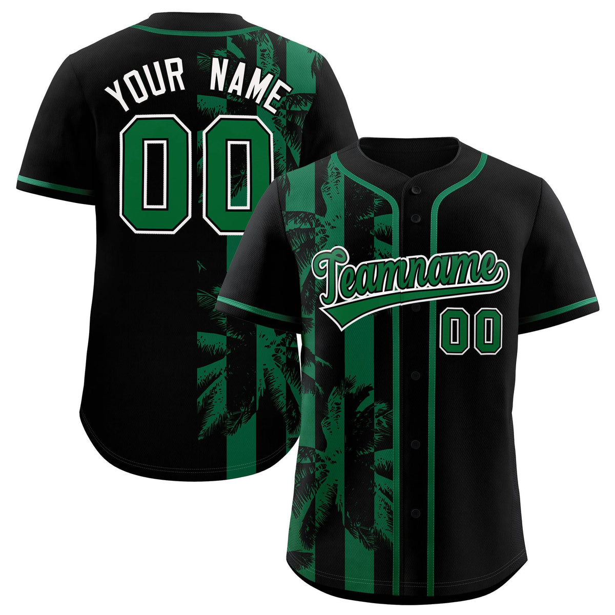 Custom Black Kelly Green Split Fashion Coconut Tree Design Authentic Baseball Jersey| KXKSHOP