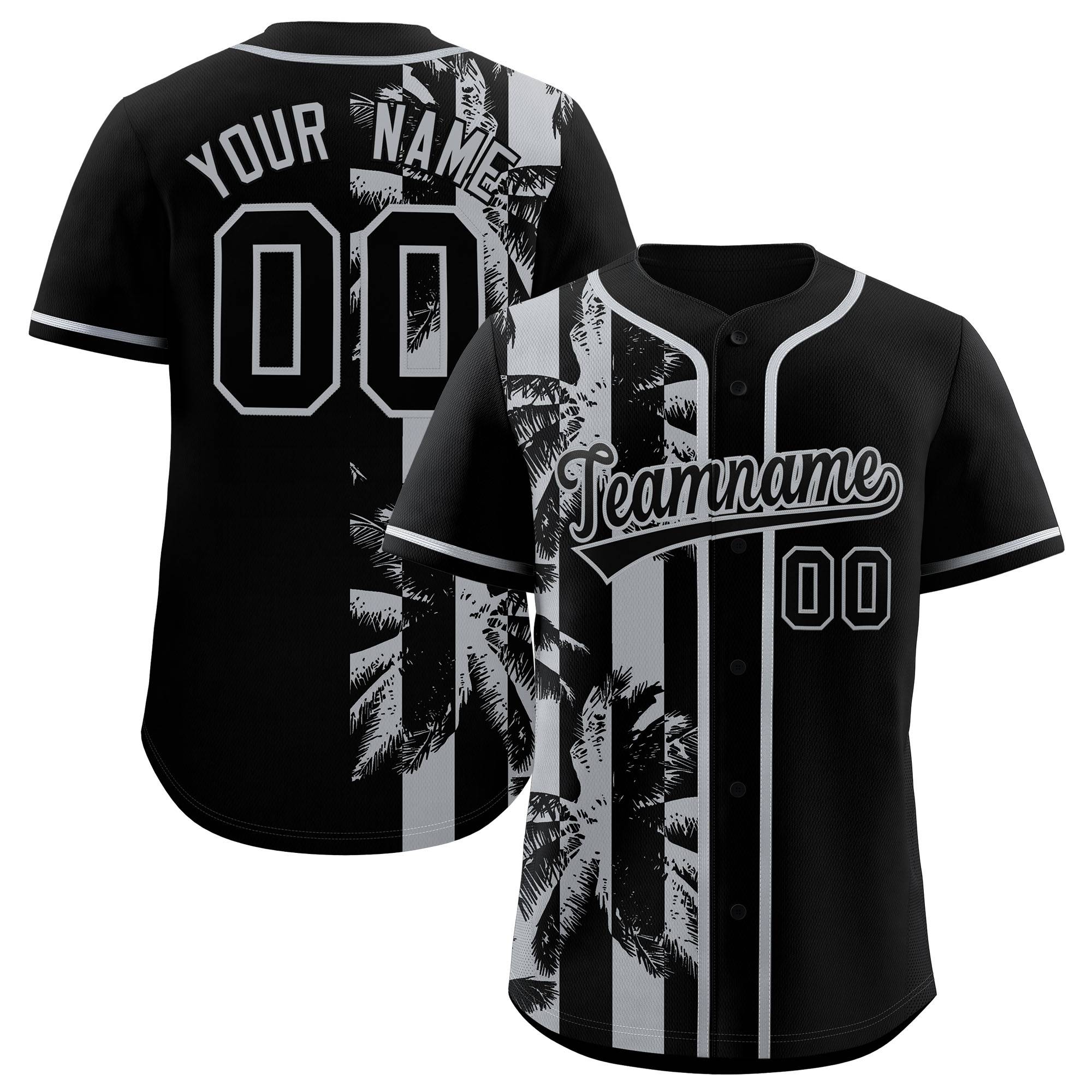 Custom Black Gray Split Fashion Coconut Tree Design Authentic Baseball Jersey| KXKSHOP