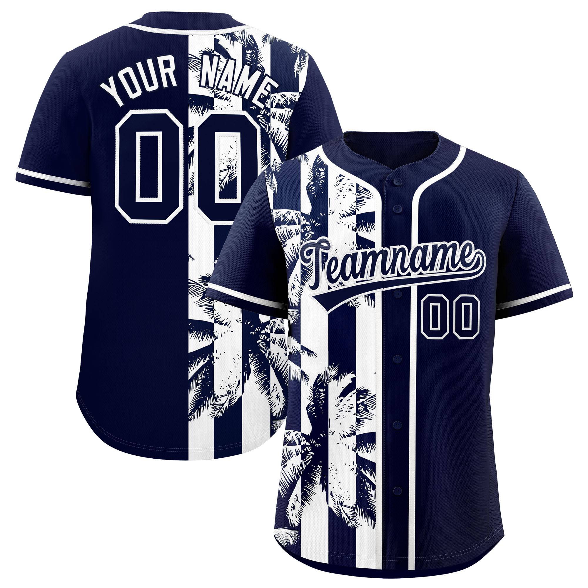 Custom Navy White Split Fashion Coconut Tree Design Authentic Baseball Jersey| KXKSHOP