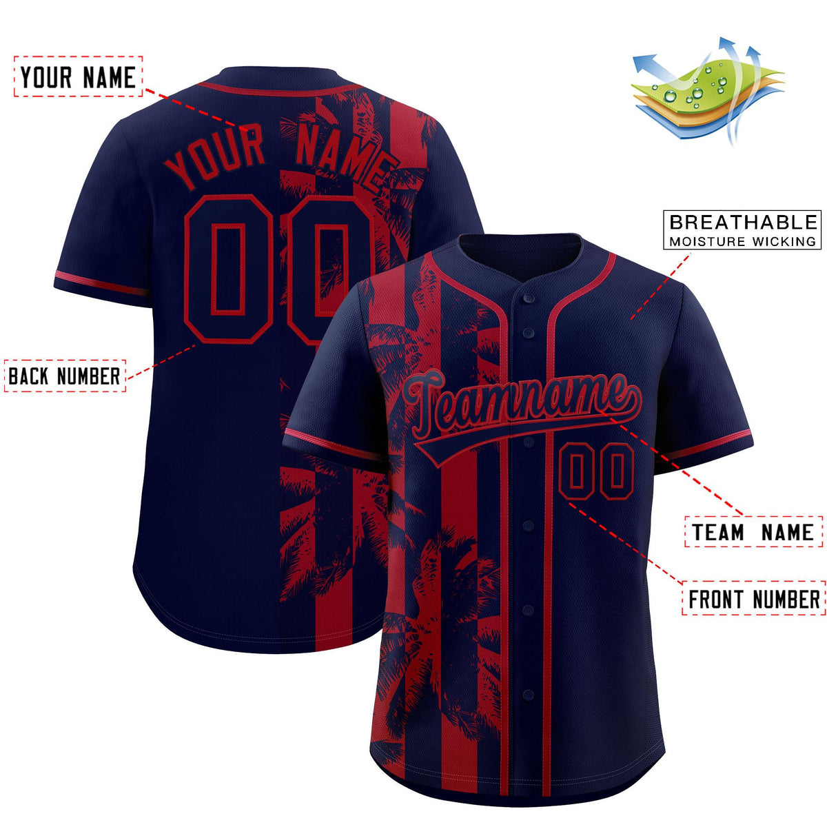 Custom Navy Red Split Fashion Coconut Tree Design Authentic Baseball Jersey| KXKSHOP