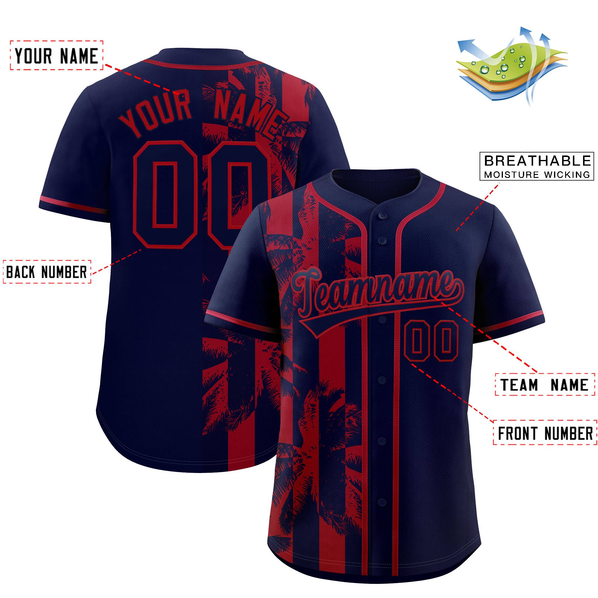 Custom Navy Red Split Fashion Coconut Tree Design Authentic Baseball Jersey| KXKSHOP
