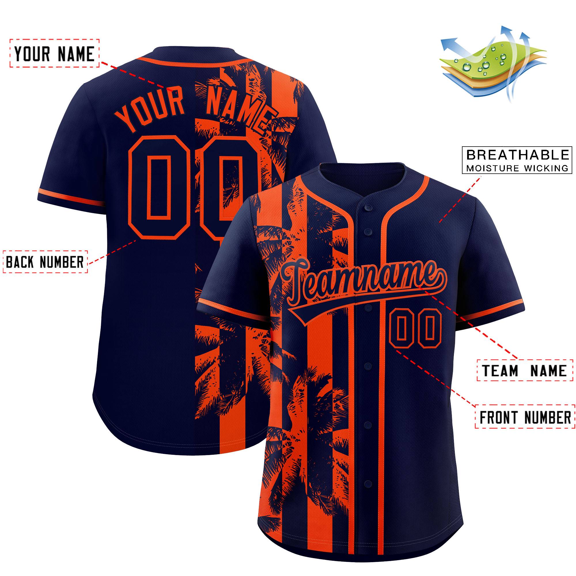 Custom Navy Orange Split Fashion Coconut Tree Design Authentic Baseball Jersey| KXKSHOP
