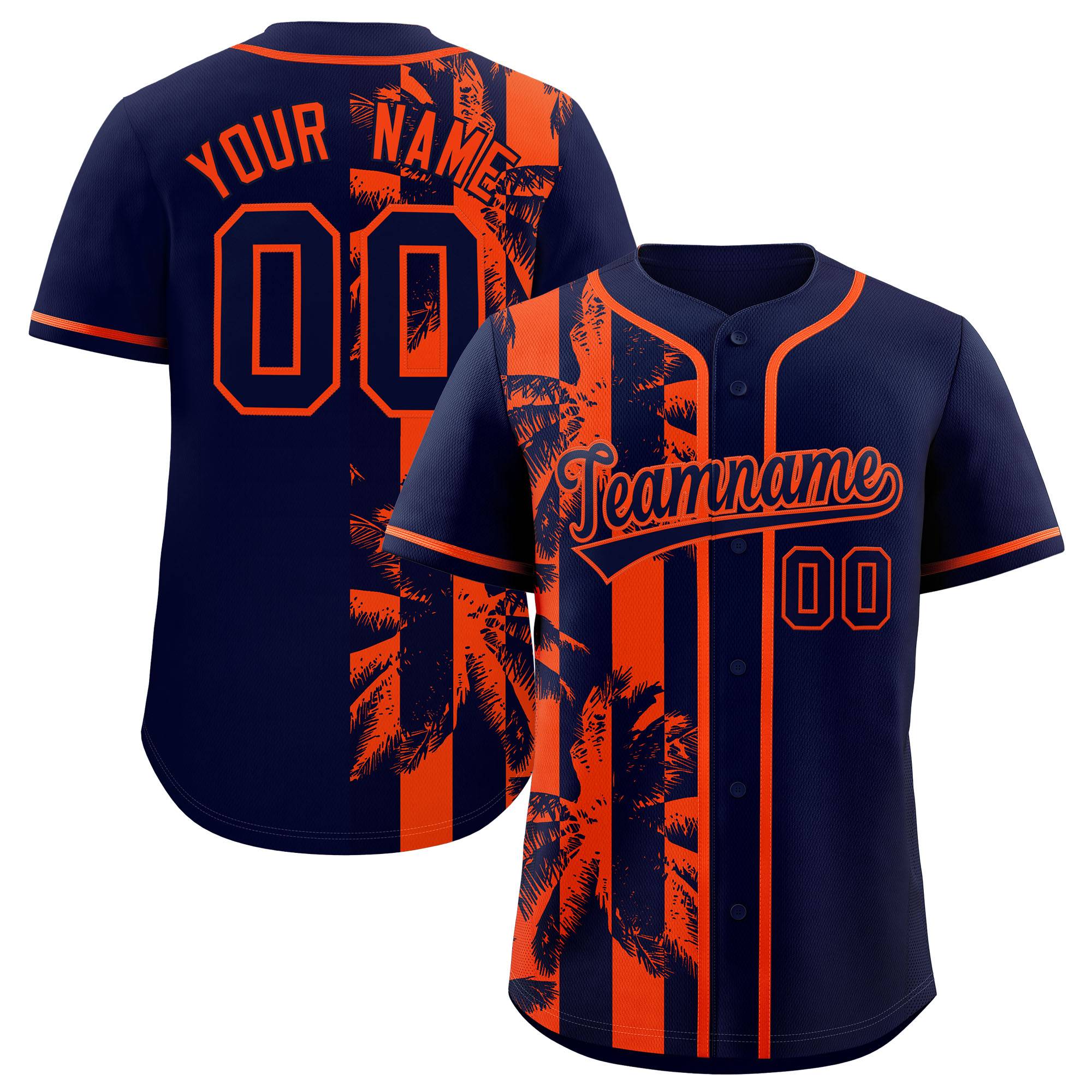 Custom Navy Orange Split Fashion Coconut Tree Design Authentic Baseball Jersey| KXKSHOP