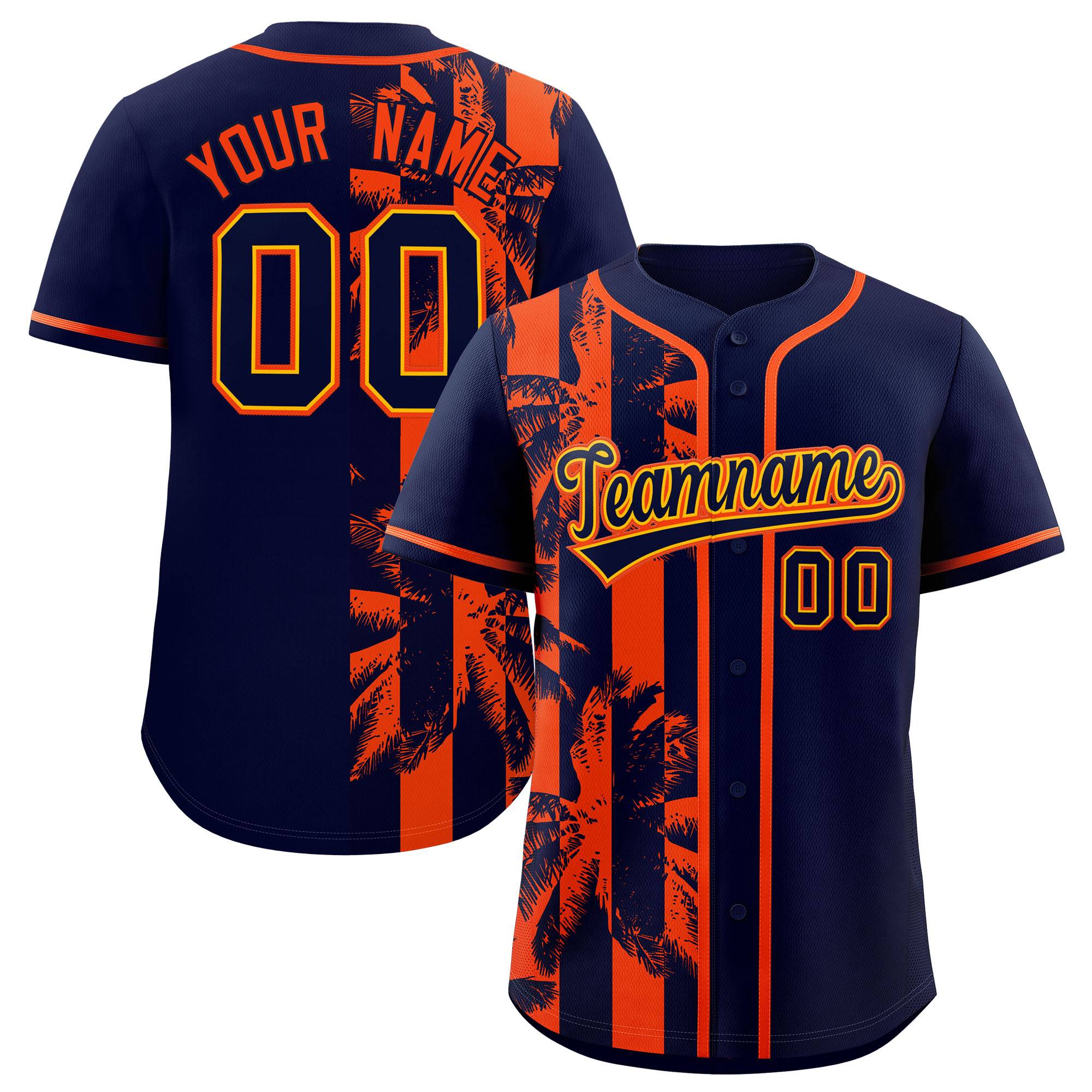 Custom Navy Orange Split Fashion Coconut Tree Design Authentic Baseball Jersey| KXKSHOP