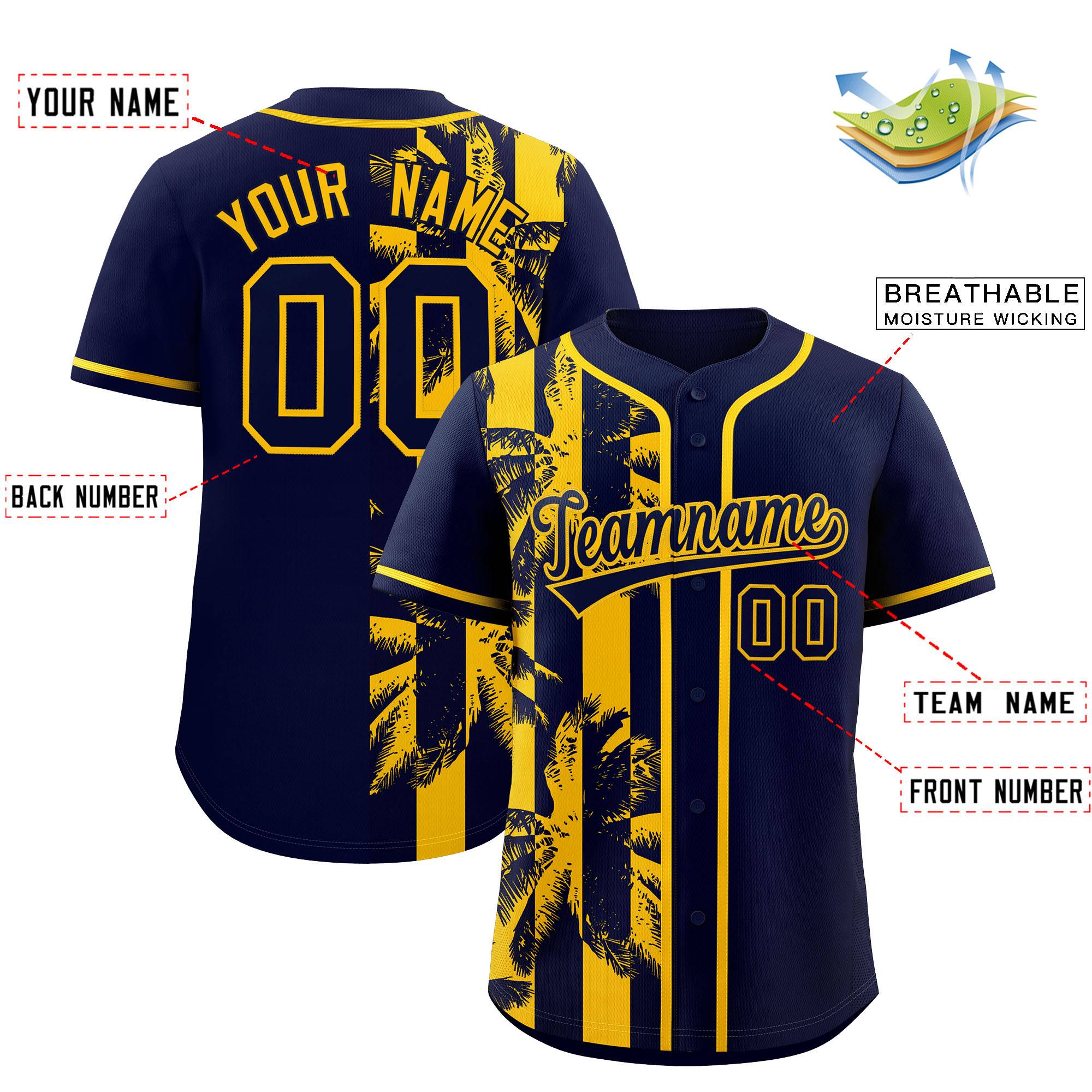 Custom Navy Yellow Split Fashion Coconut Tree Design Authentic Baseball Jersey| KXKSHOP