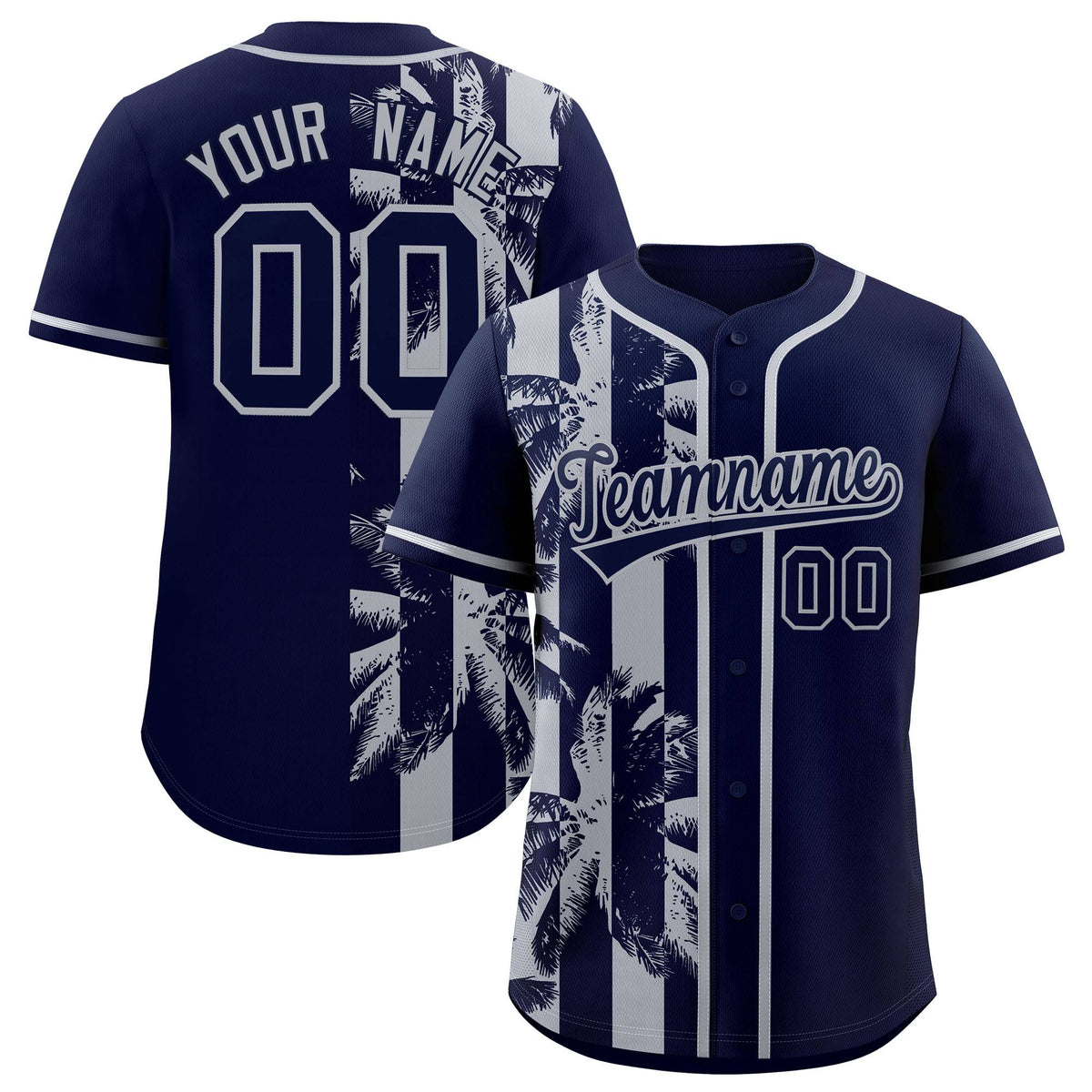 Custom Navy Gray Split Fashion Coconut Tree Design Authentic Baseball Jersey| KXKSHOP