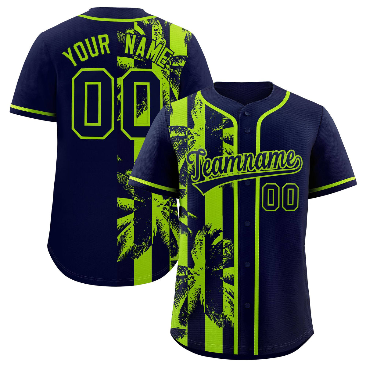 Custom Navy Neon Green Split Fashion Coconut Tree Design Authentic Baseball Jersey| KXKSHOP