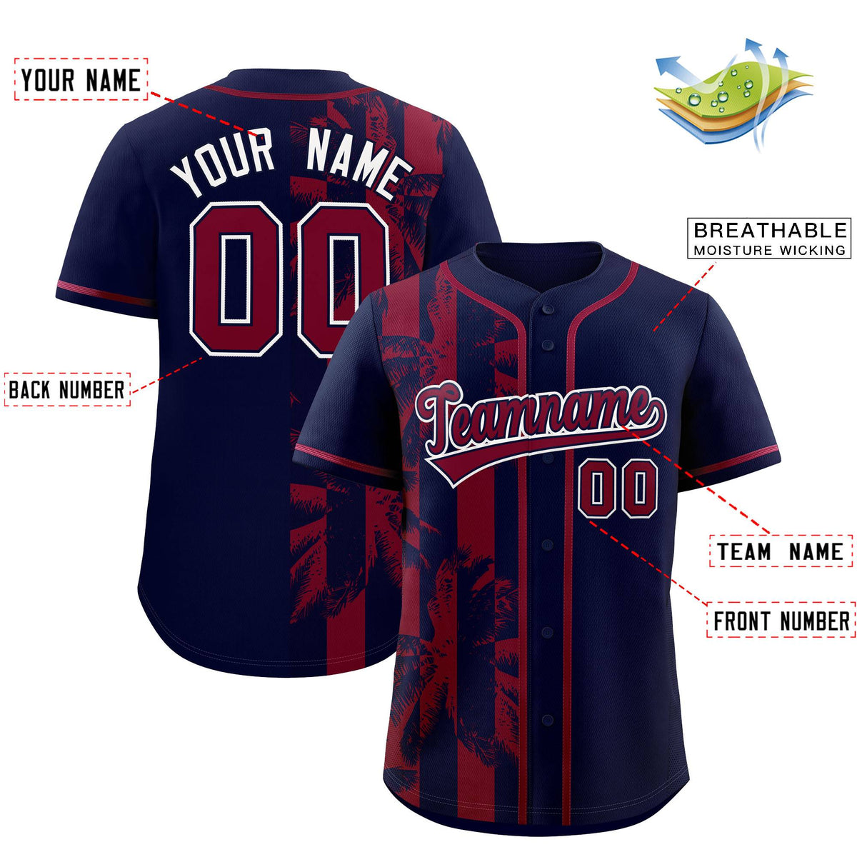 Custom Navy Crimson Split Fashion Coconut Tree Design Authentic Baseball Jersey| KXKSHOP