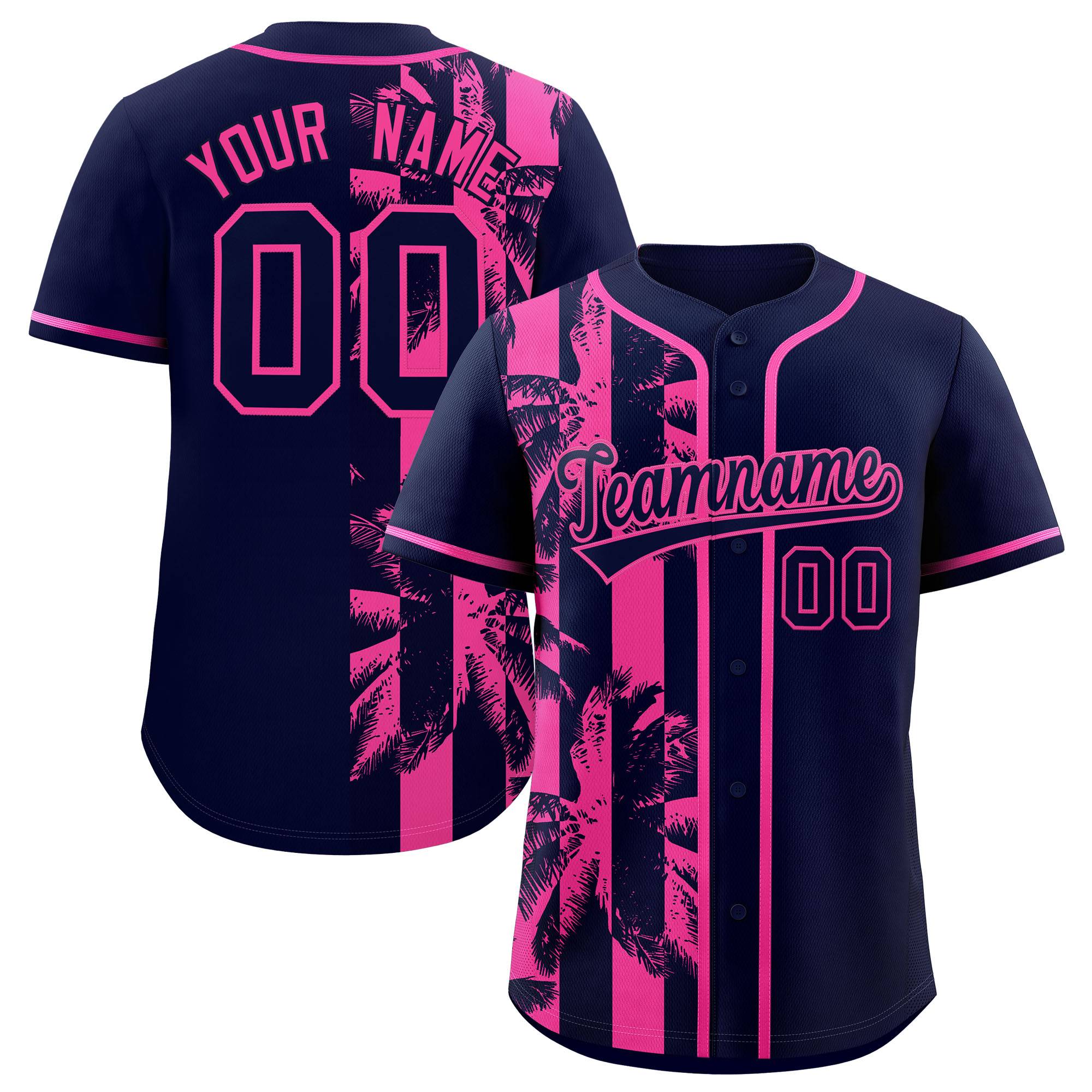 Custom Navy Pink Split Fashion Coconut Tree Design Authentic Baseball Jersey| KXKSHOP