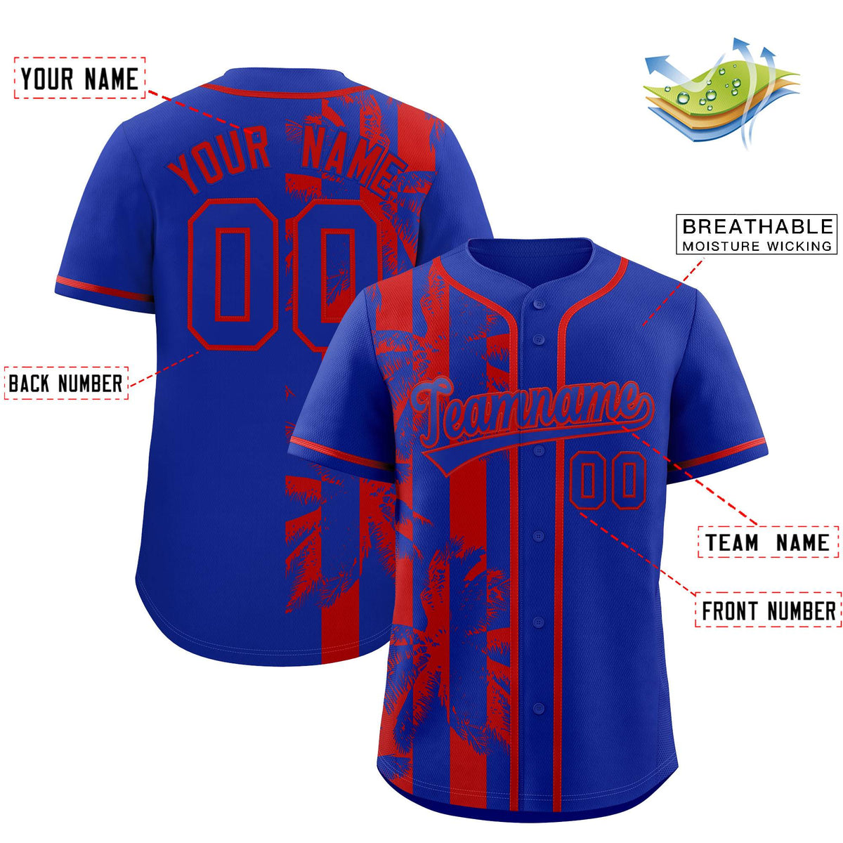 Custom Royal Red Split Fashion Coconut Tree Design Authentic Baseball Jersey| KXKSHOP