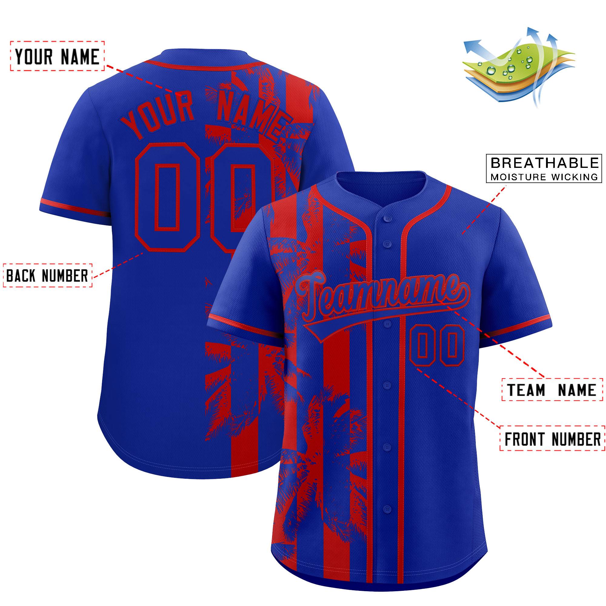 Custom Royal Red Split Fashion Coconut Tree Design Authentic Baseball Jersey| KXKSHOP