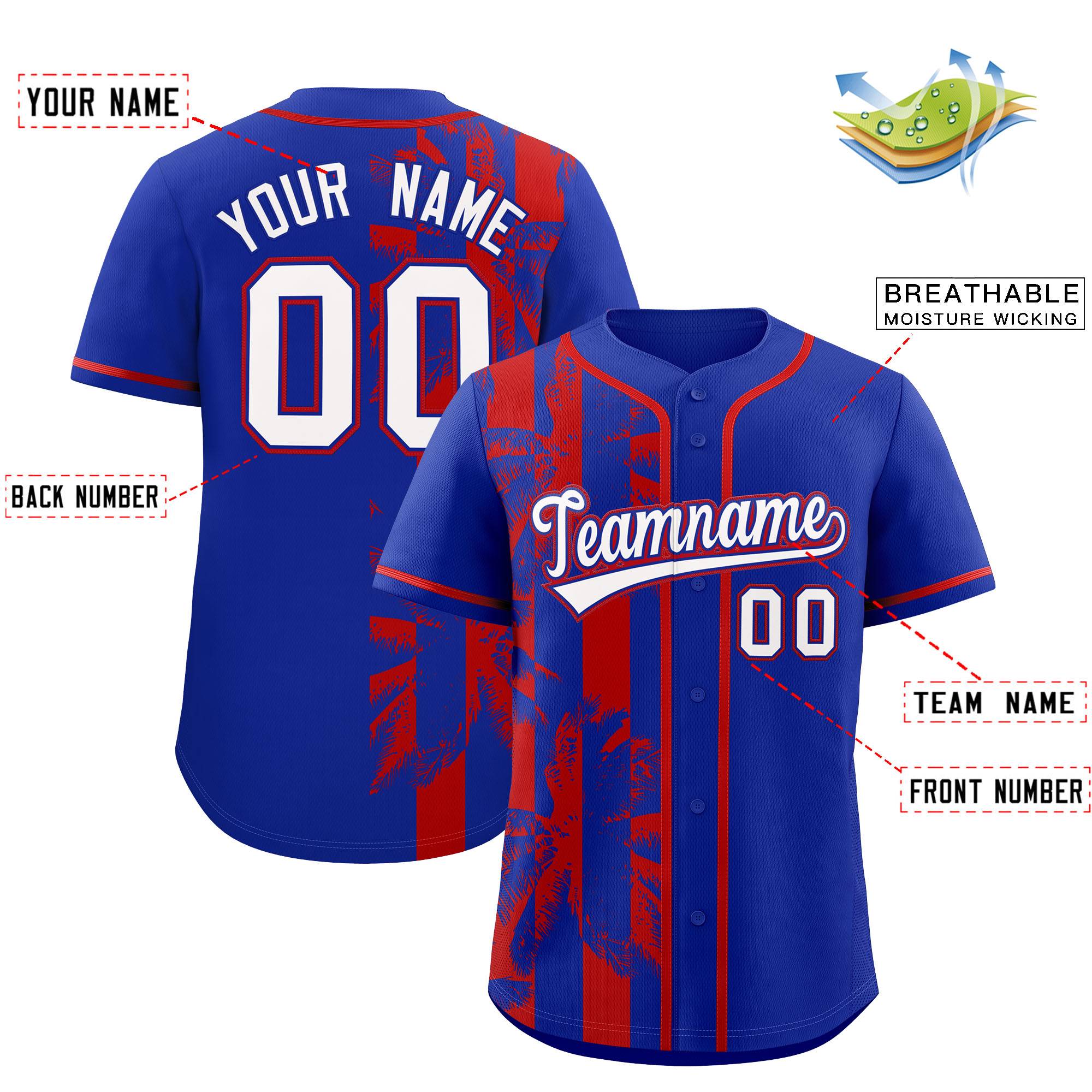 Custom Royal Red Split Fashion Coconut Tree Design Authentic Baseball Jersey| KXKSHOP