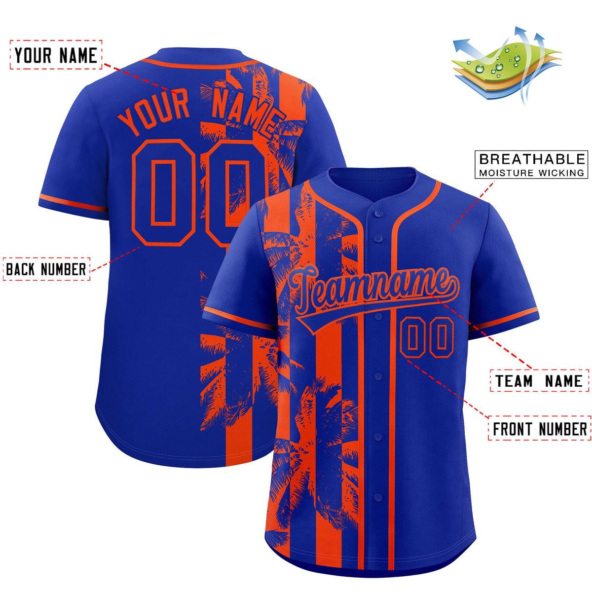 Custom Royal Orange Split Fashion Coconut Tree Design Authentic Baseball Jersey| KXKSHOP