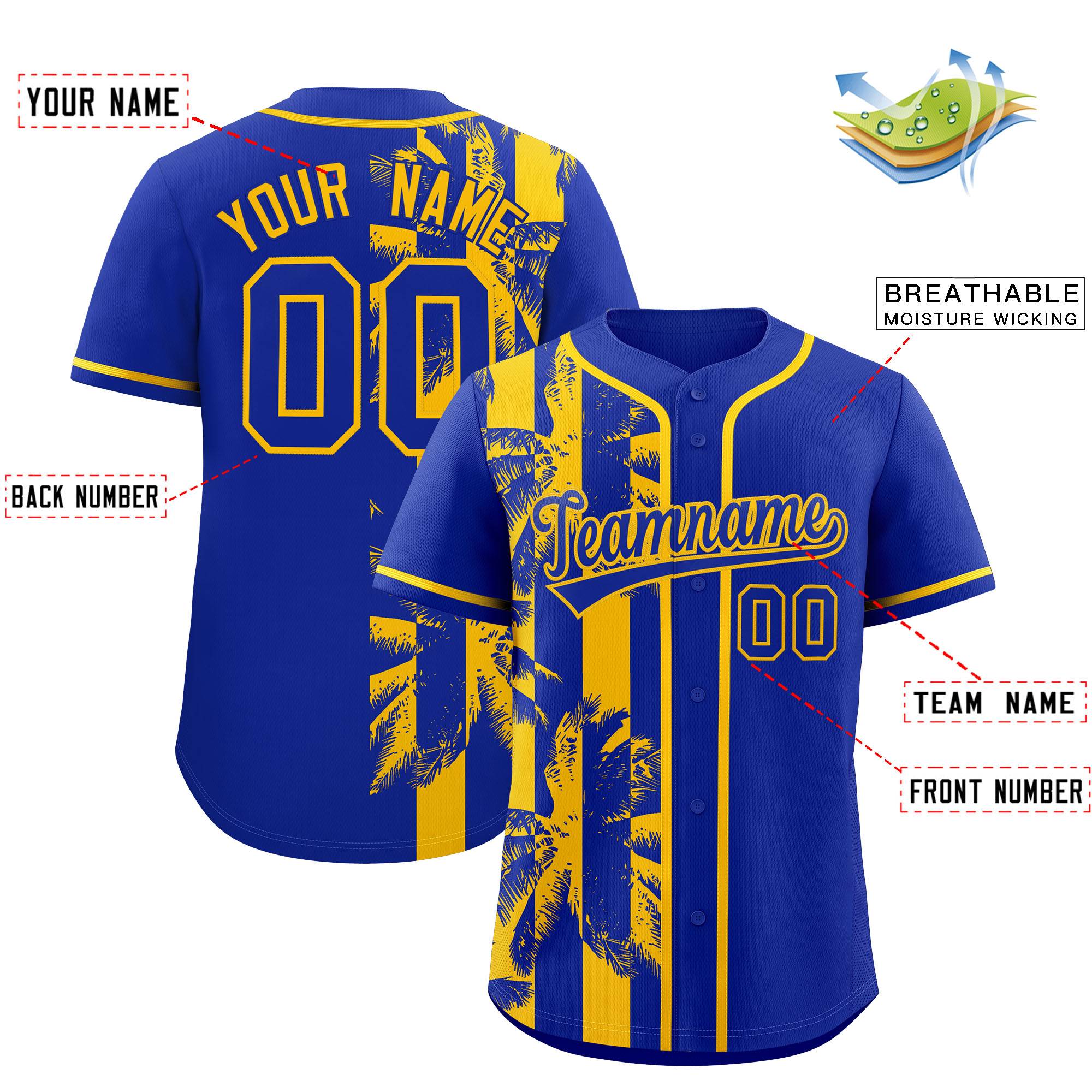 Custom Royal Yellow Split Fashion Coconut Tree Design Authentic Baseball Jersey| KXKSHOP