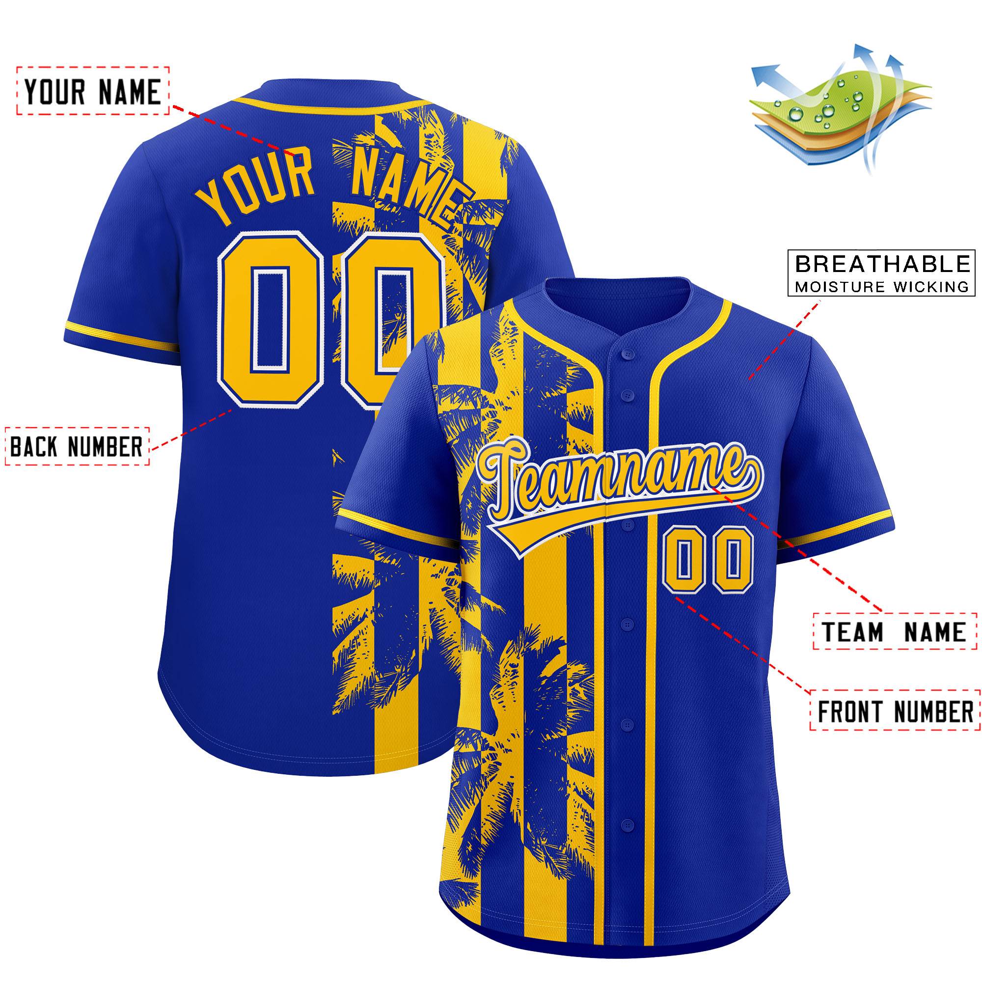 Custom Royal Yellow Split Fashion Coconut Tree Design Authentic Baseball Jersey| KXKSHOP