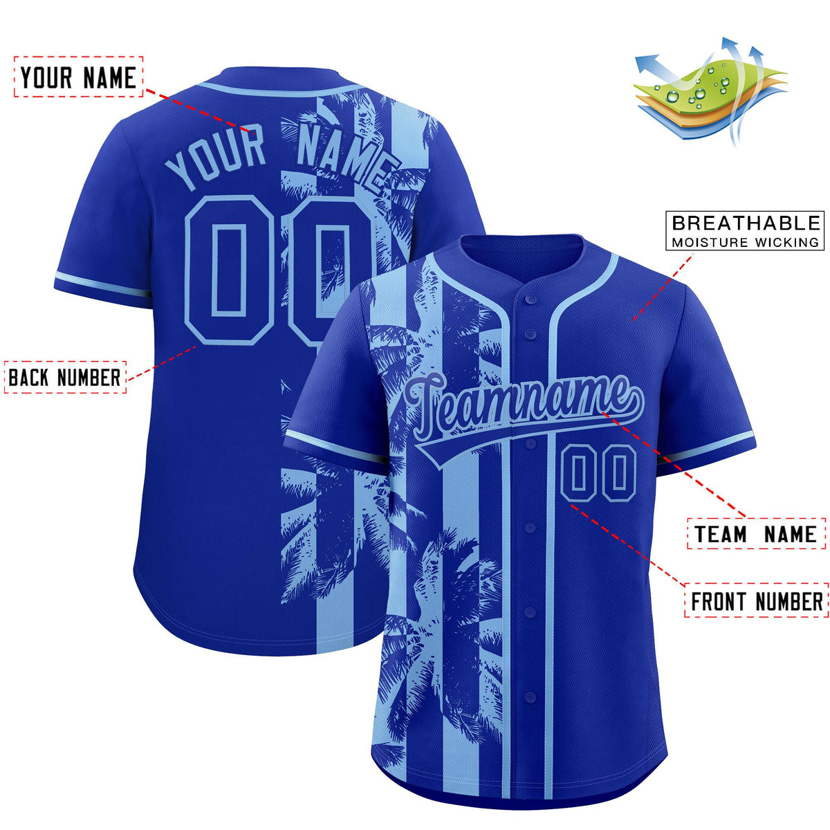Custom Royal Powder Blue Split Fashion Coconut Tree Design Authentic Baseball Jersey| KXKSHOP