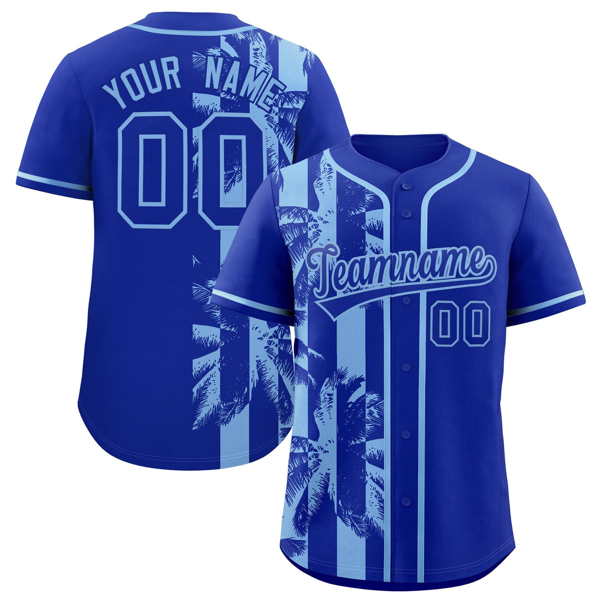 Custom Royal Powder Blue Split Fashion Coconut Tree Design Authentic Baseball Jersey| KXKSHOP