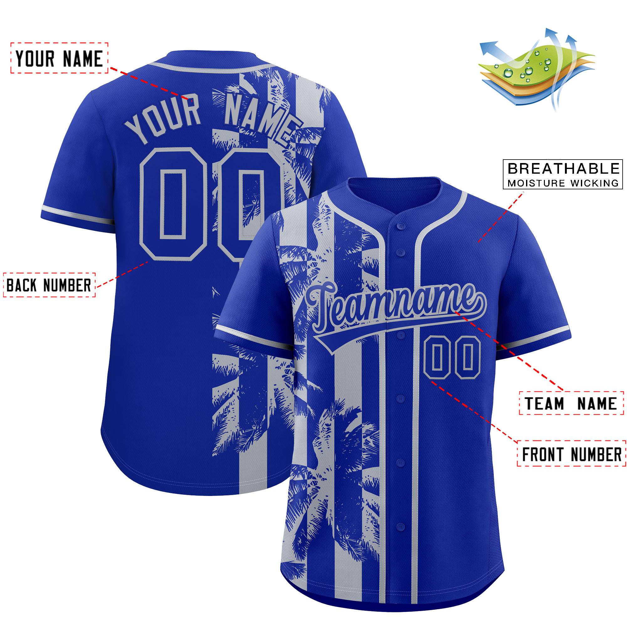 Custom Royal Gray Split Fashion Coconut Tree Design Authentic Baseball Jersey| KXKSHOP