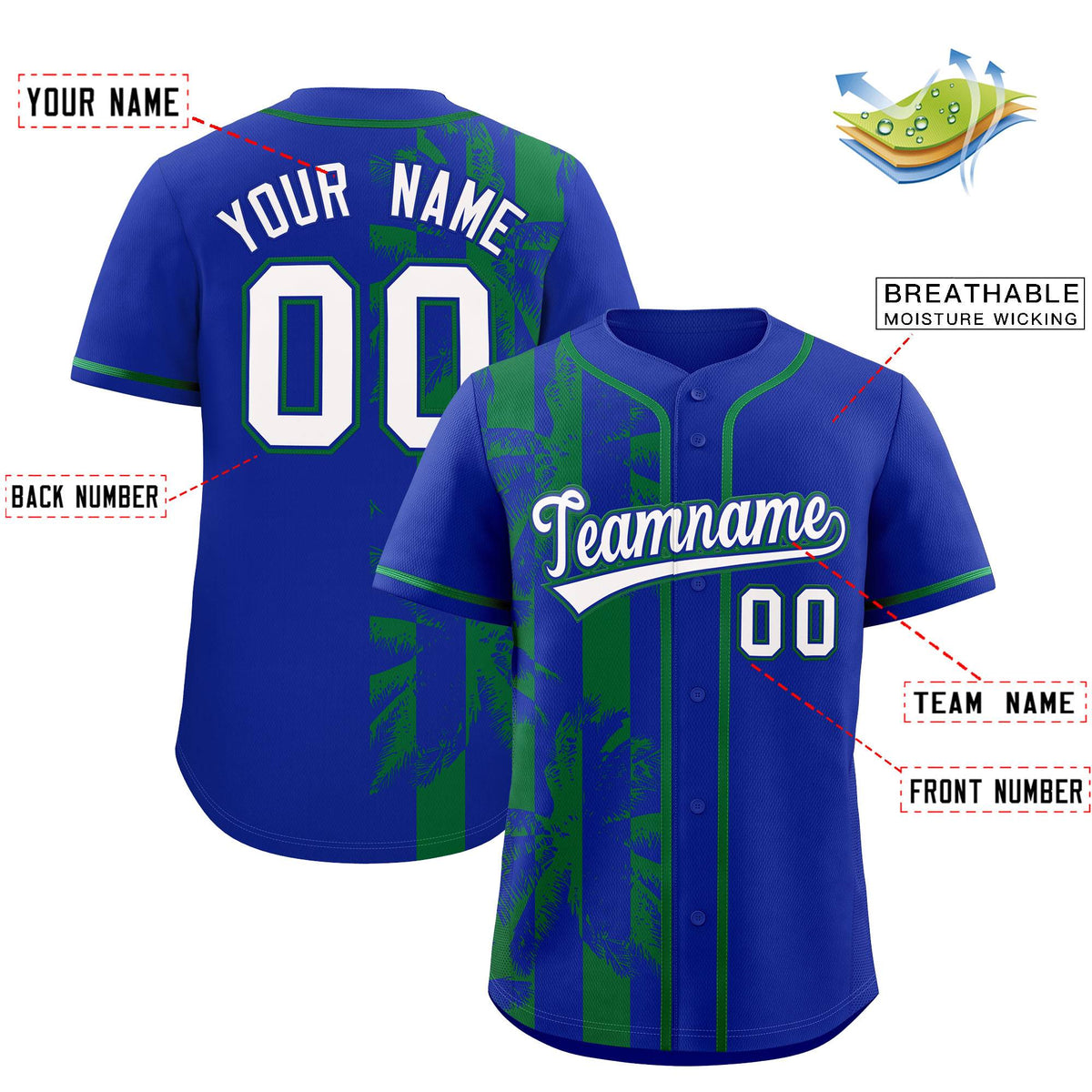 Custom Royal Kelly Green Split Fashion Coconut Tree Design Authentic Baseball Jersey| KXKSHOP