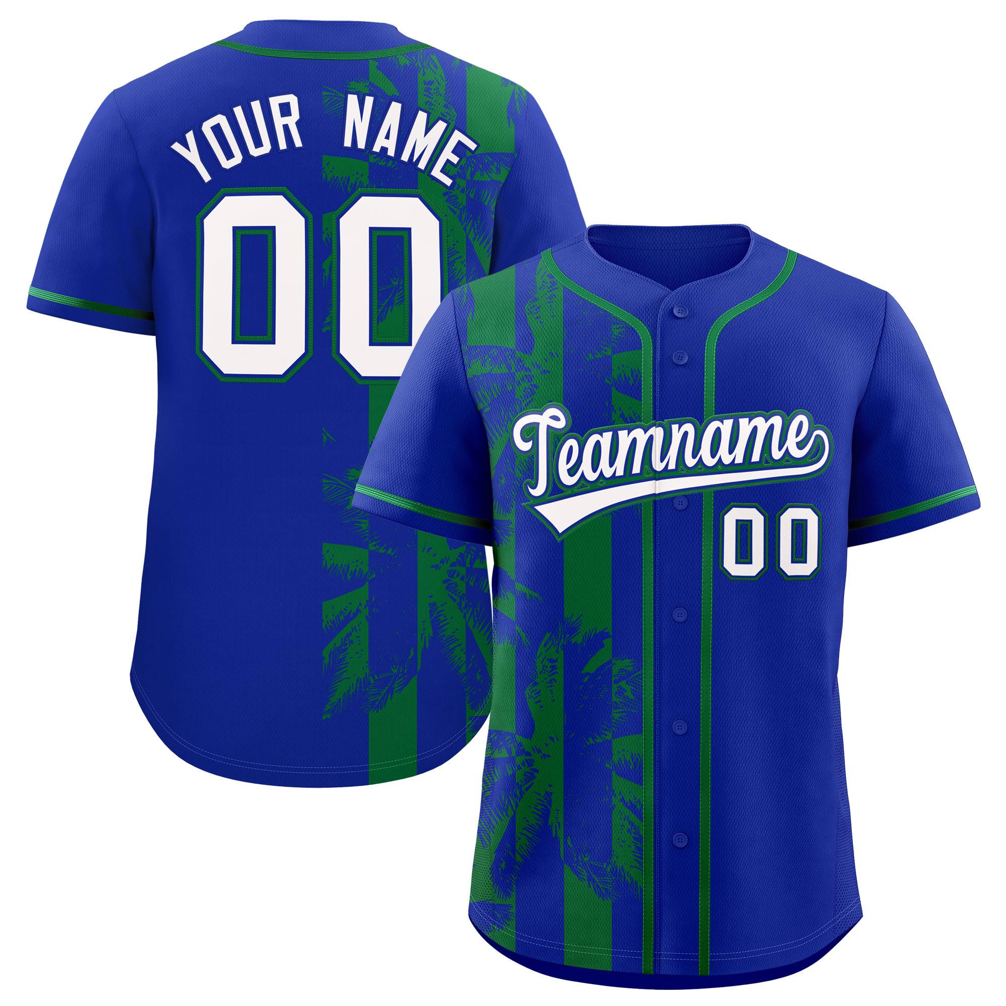 Custom Royal Kelly Green Split Fashion Coconut Tree Design Authentic Baseball Jersey| KXKSHOP