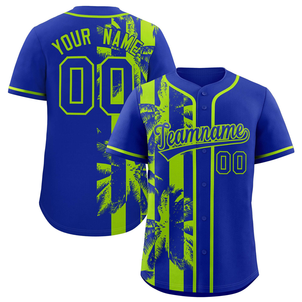 Custom Royal Neon Green Split Fashion Coconut Tree Design Authentic Baseball Jersey| KXKSHOP