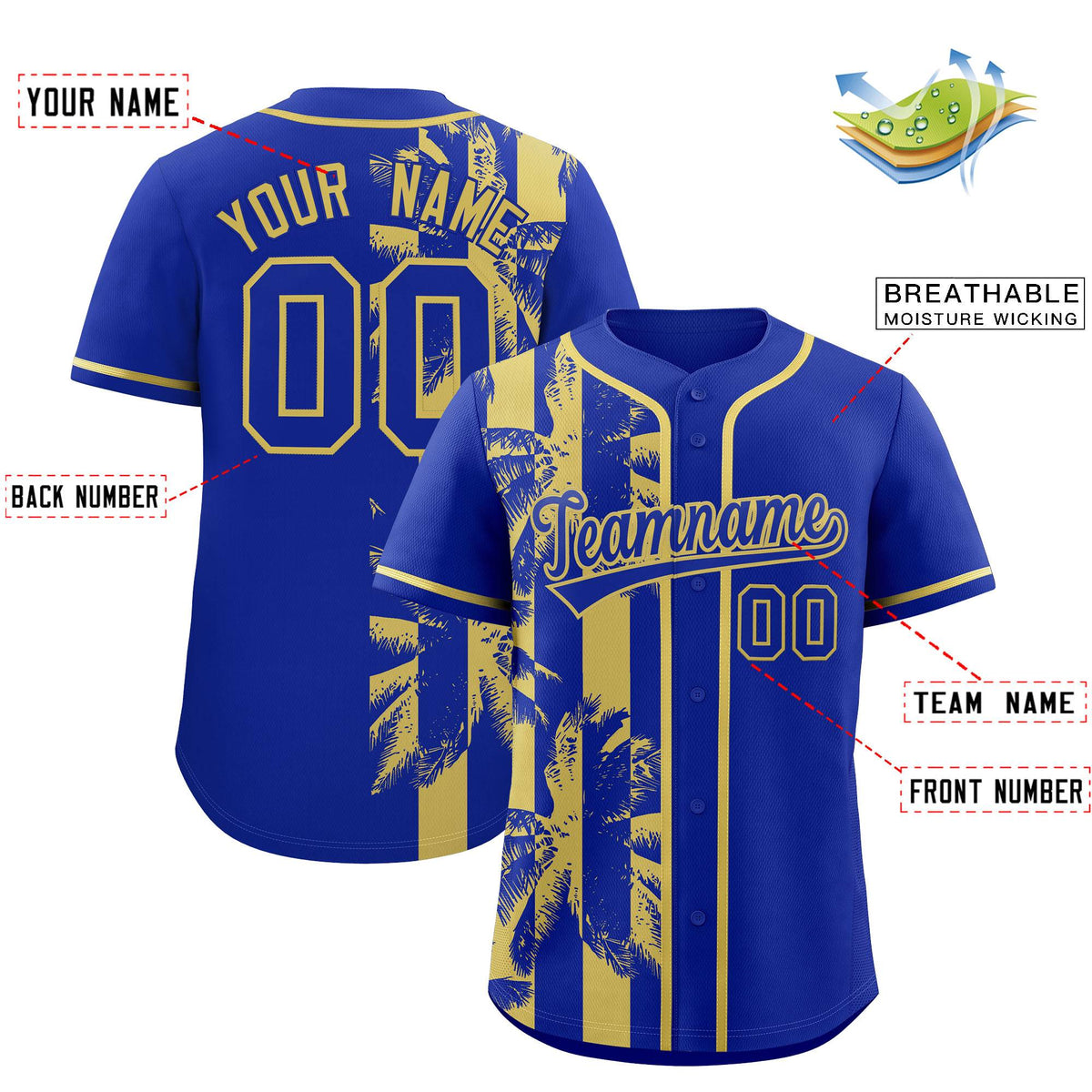 Custom Royal Khaki Split Fashion Coconut Tree Design Authentic Baseball Jersey| KXKSHOP