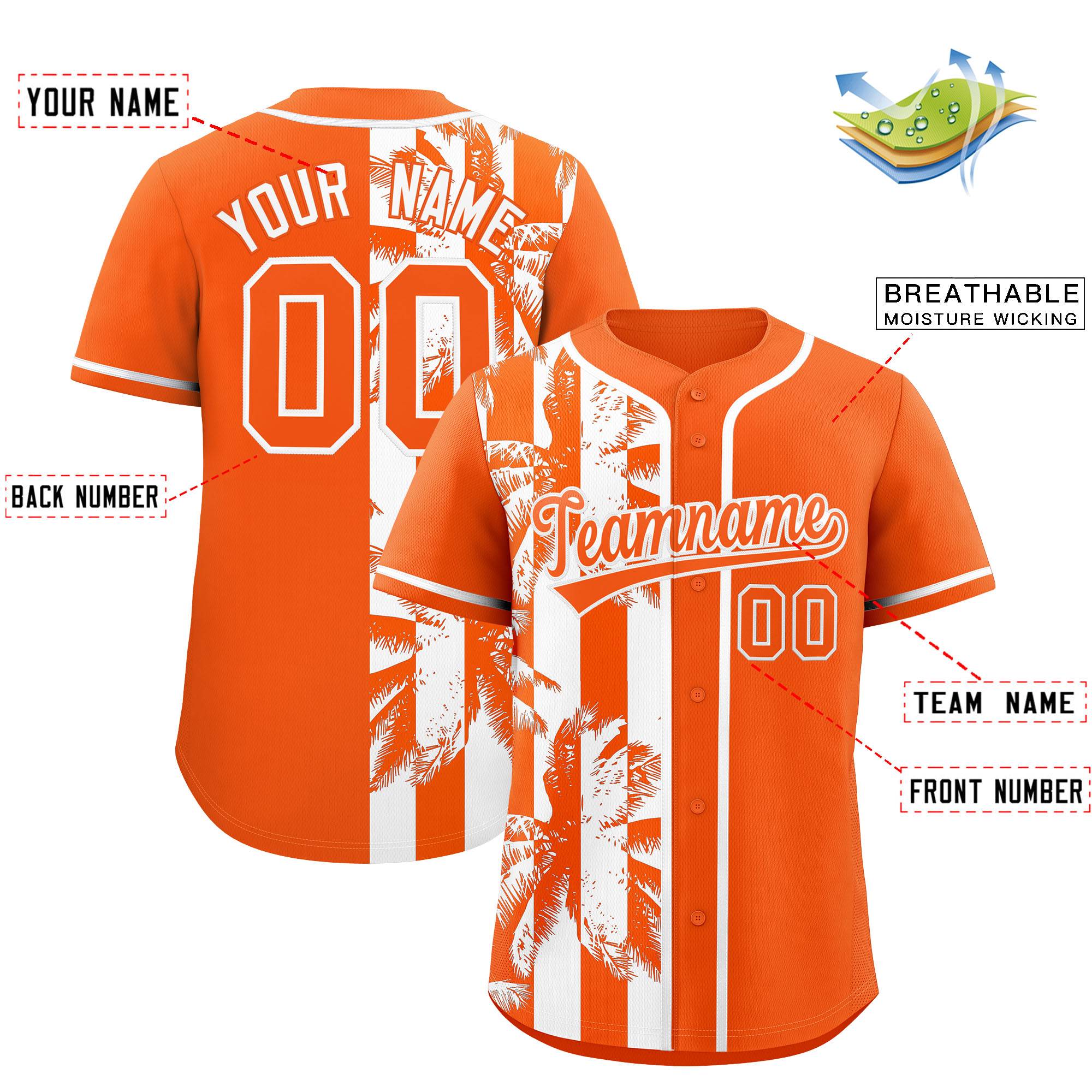 Custom Orange White Split Fashion Coconut Tree Design Authentic Baseball Jersey| KXKSHOP