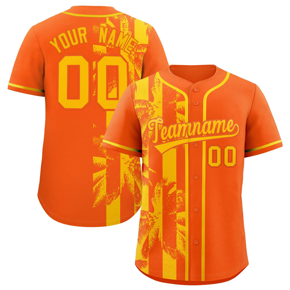 Custom Orange Yellow Split Fashion Coconut Tree Design Authentic Baseball Jersey| KXKSHOP