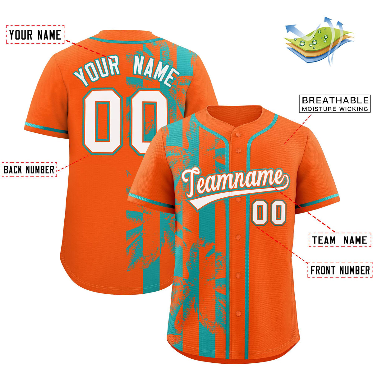 Custom Orange Aqua Split Fashion Coconut Tree Design Authentic Baseball Jersey| KXKSHOP