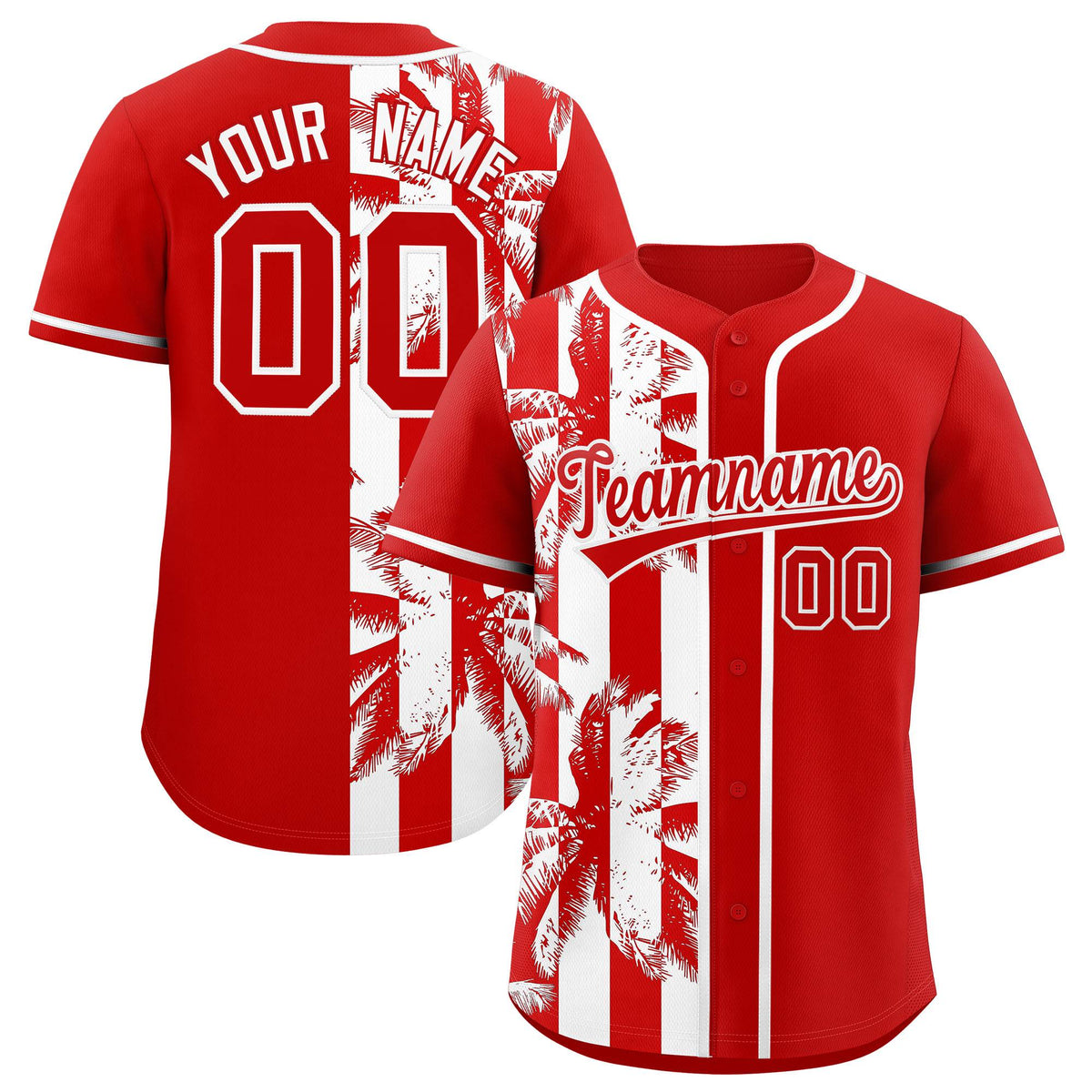 Custom Red White Split Fashion Coconut Tree Design Authentic Baseball Jersey| KXKSHOP