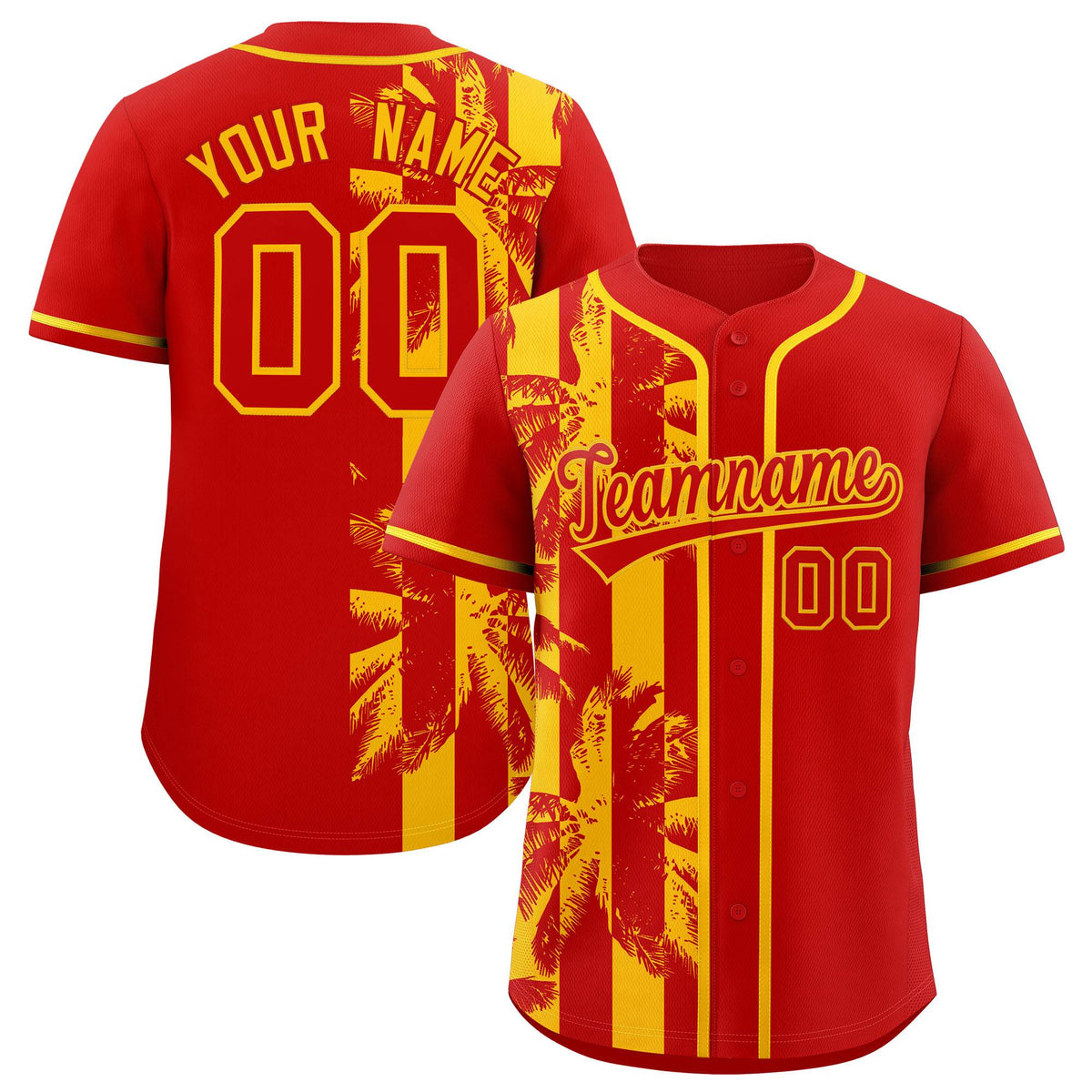 Custom Red Yellow Split Fashion Coconut Tree Design Authentic Baseball Jersey| KXKSHOP