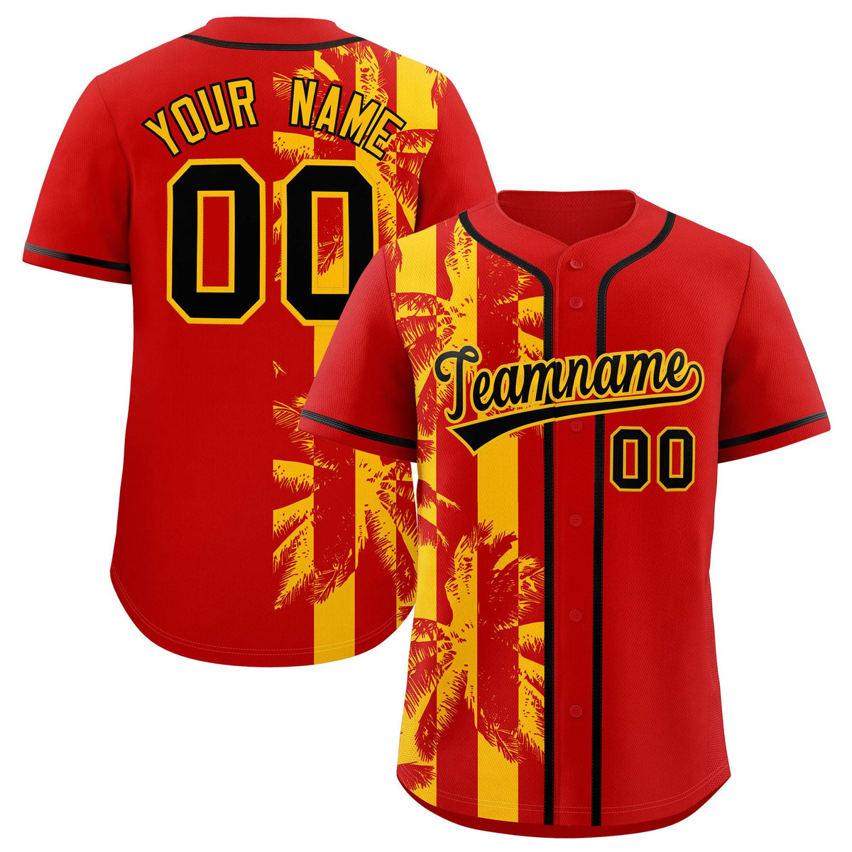 Custom Red Yellow Split Fashion Coconut Tree Design Authentic Baseball Jersey| KXKSHOP