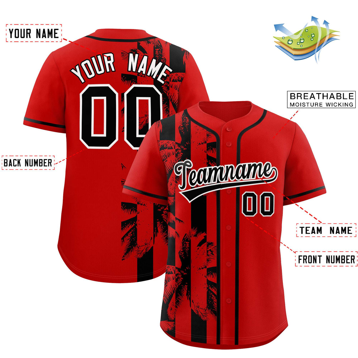 Custom Red Black Split Fashion Coconut Tree Design Authentic Baseball Jersey| KXKSHOP