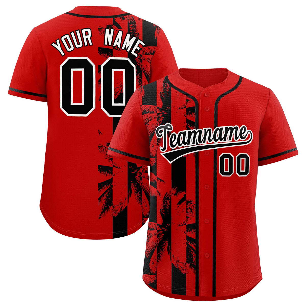 Custom Red Black Split Fashion Coconut Tree Design Authentic Baseball Jersey| KXKSHOP