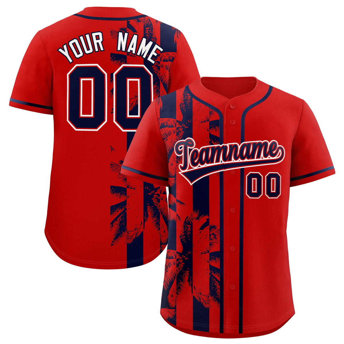 Custom Red Navy Split Fashion Coconut Tree Design Authentic Baseball Jersey| KXKSHOP